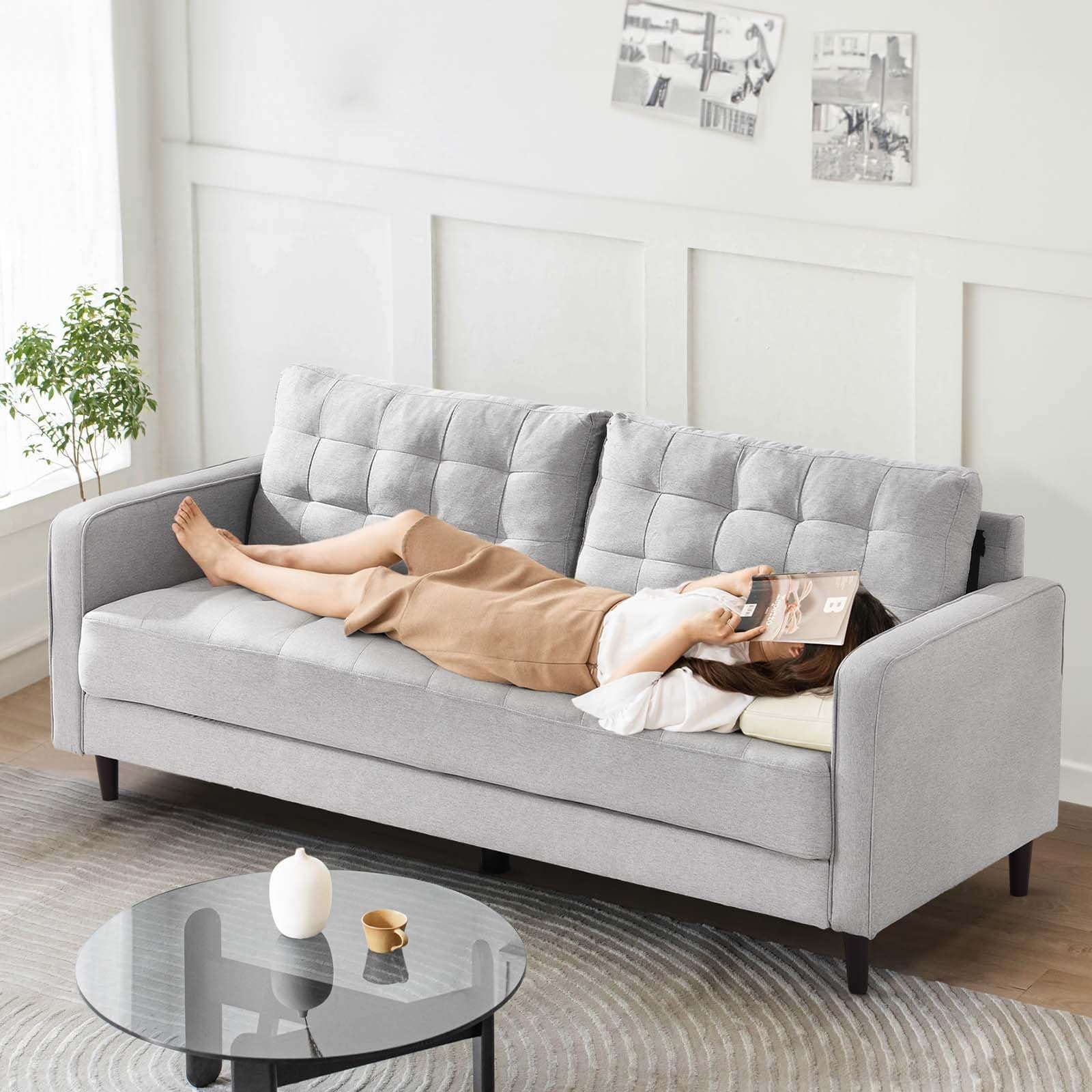 Antetek 74 inch Modern Linen Tufted 3 Seater Sofa Couch, Comfy Oversized Loveseat for Living Room, Bedroom, Office - Light Grey