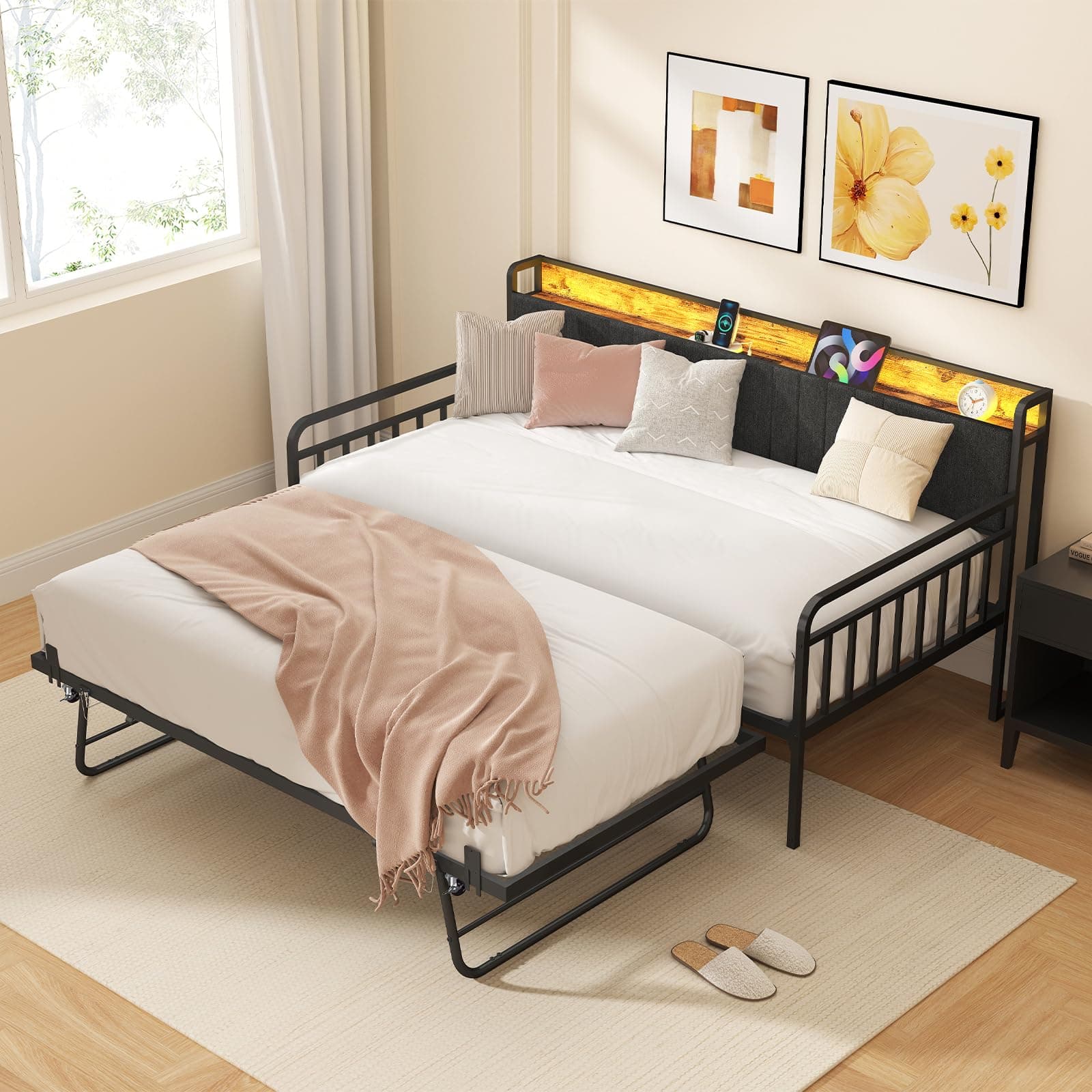 Heavy Duty Metal Twin Bed Frame with Pop Up Trundle for Living Room Bedroom Guest Room
| Twin Daybed with LED Lights Charging Station Upholstered Headboard Black
| Black Heavy Duty Metal Twin Bed Frame with Pop Up Trundle for Guest Room
