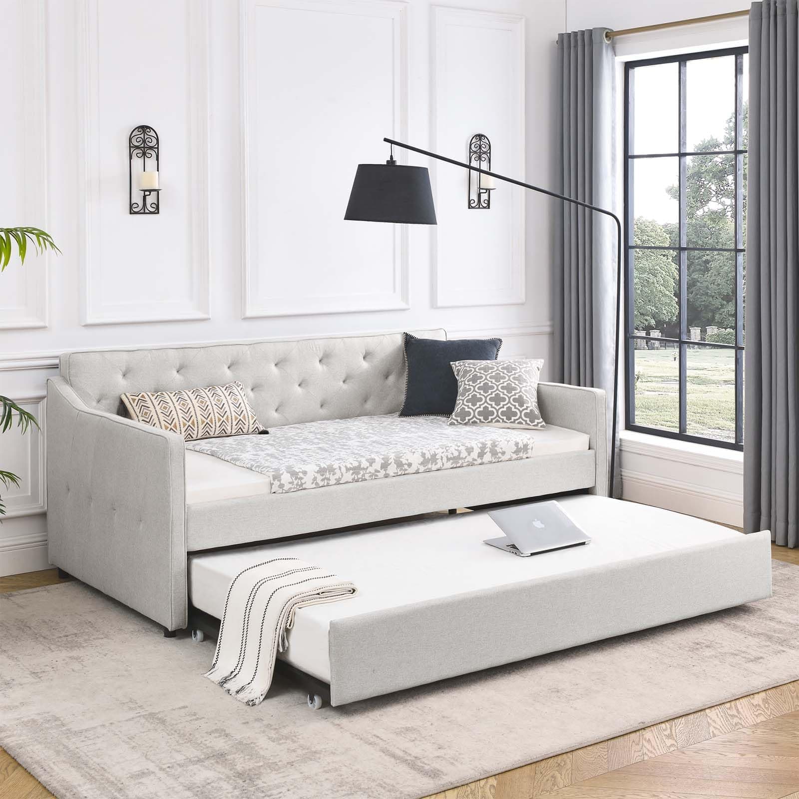 Antetek Beige Fabric Twin Daybed with Pull-Out Trundle & No Box Spring