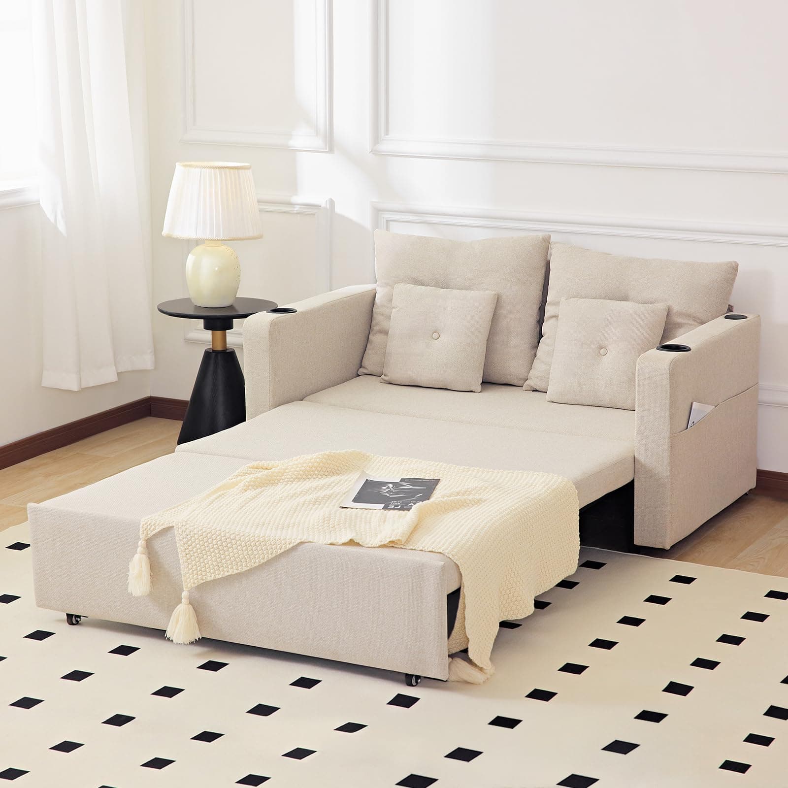 Redlife 55" Pull-Out Couch Bed, Beige, 3-in-1 Sleeper Sofa
