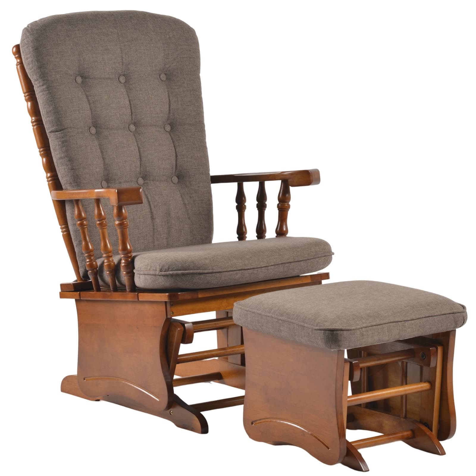 Anti-Pinch Rubber Wood Glider Chair Set with Ottoman, Antique Brown