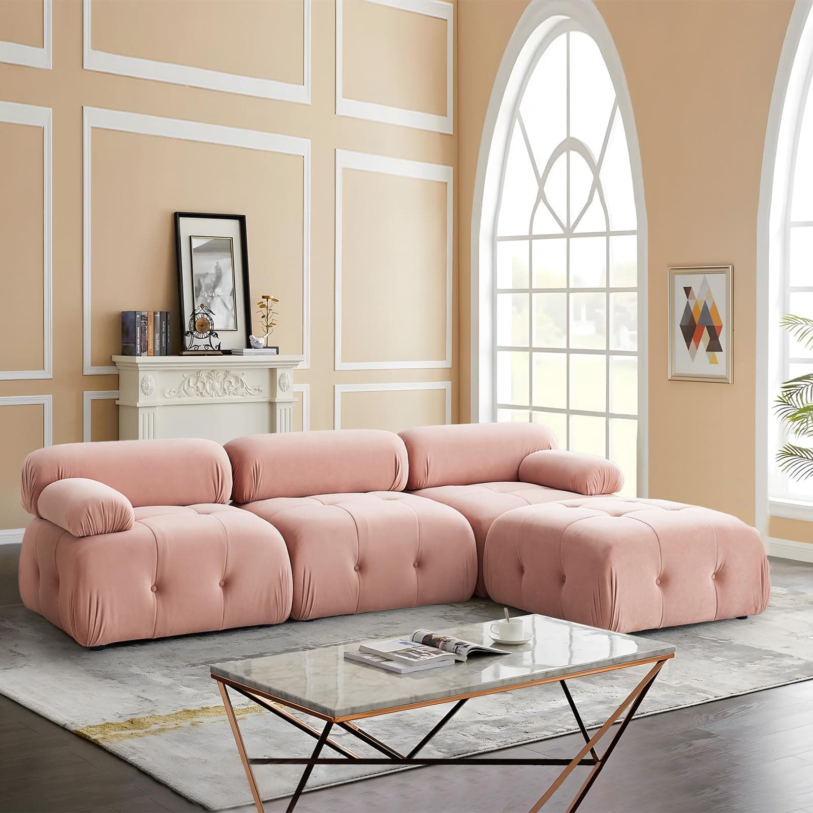 Antetek Modern Velvet L-Shaped 3-Seater Sofa with Movable Ottoman, 93-inch L Couch Furniture Set, Pink
