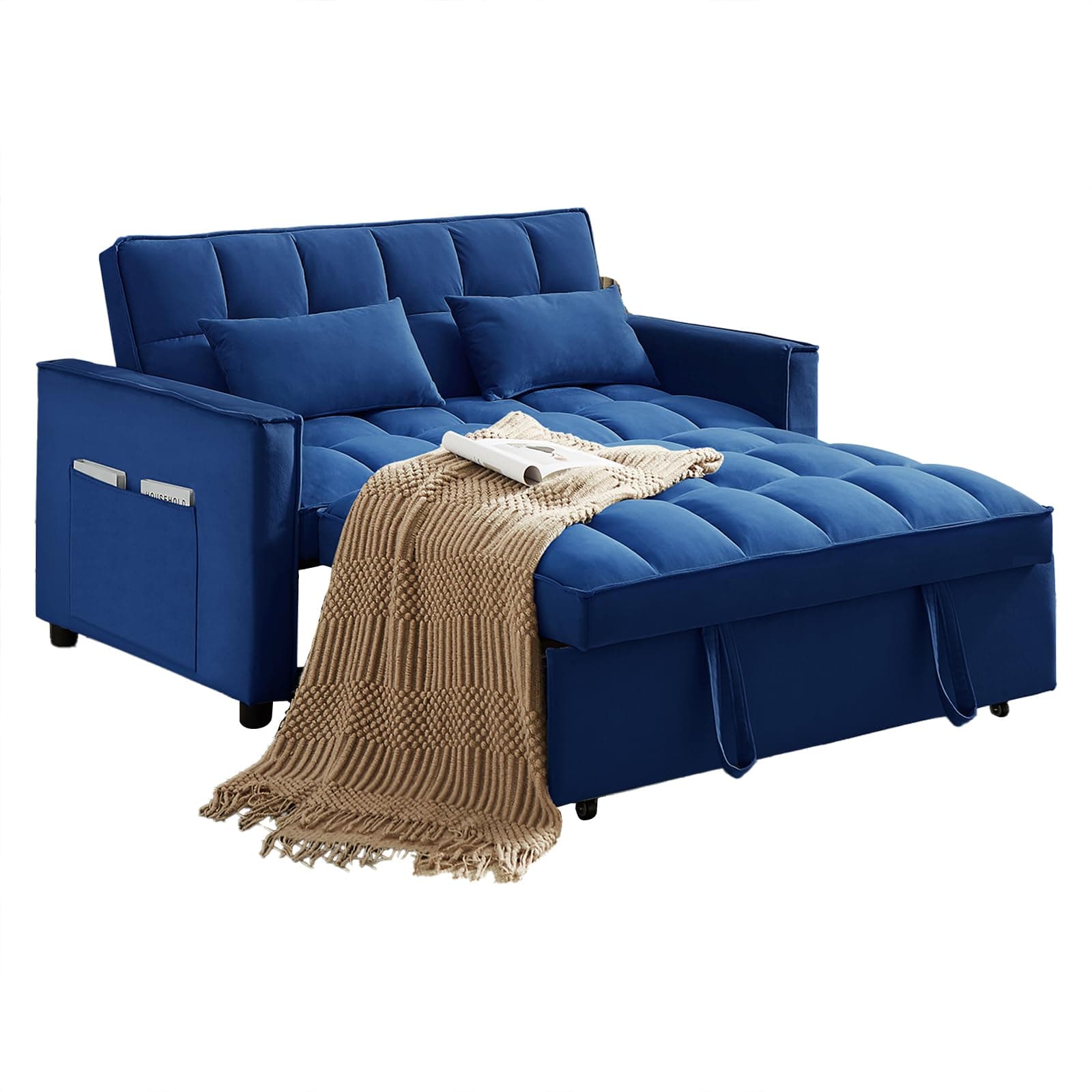 Antetek 3 in 1 Convertible Sleeper Sofa Bed, Blue Velvet Loveseat Futon Couch