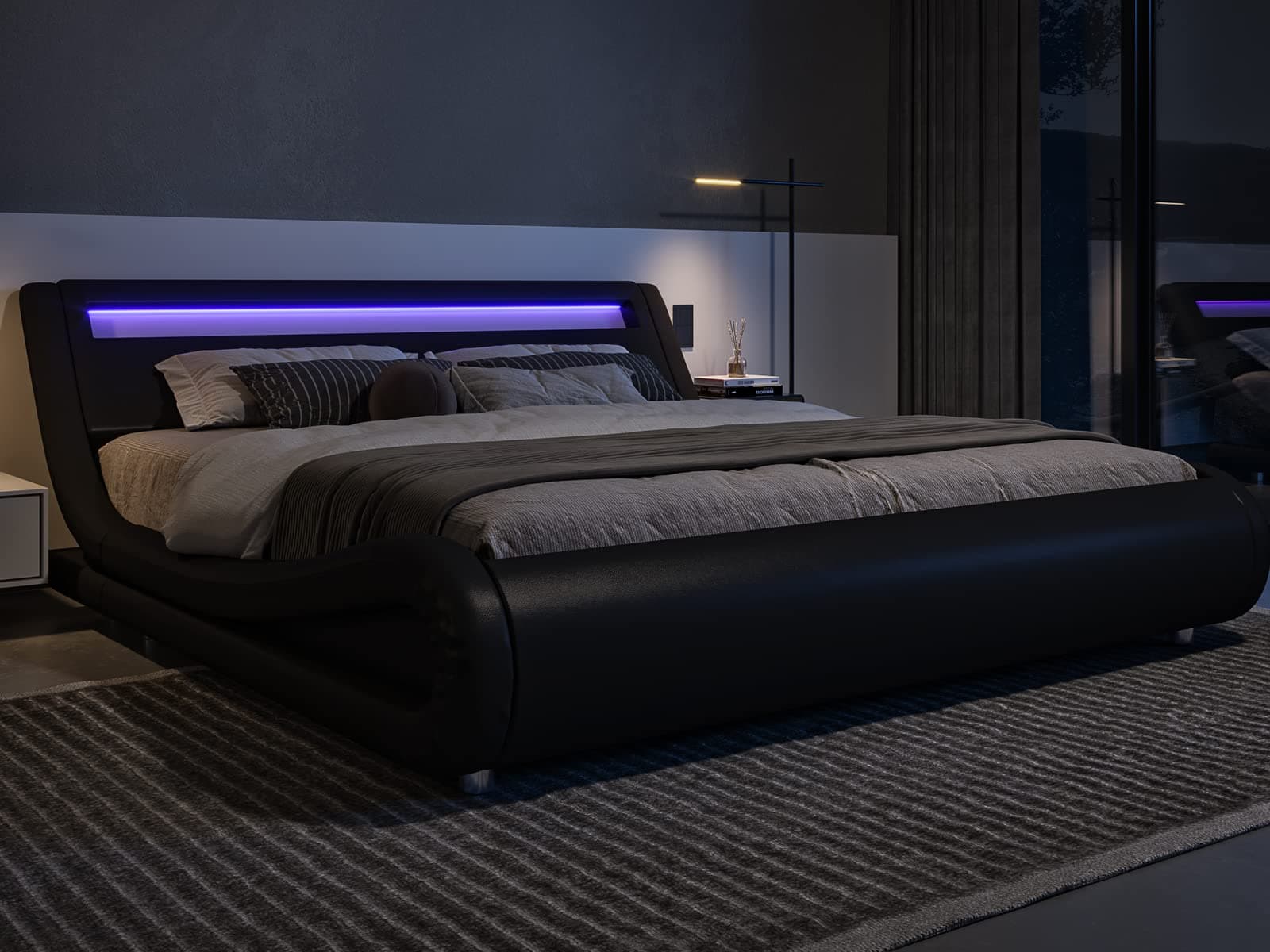 Allewie King Size LED Platform Bed with Adjustable Headboard & Faux Leather