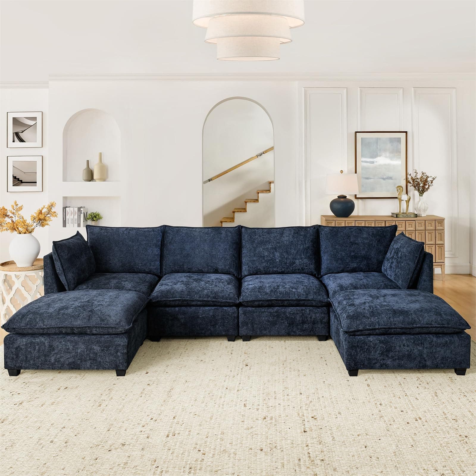 Oversized Chesterfield U-Shaped Couch with Ottomans & Chaise, 6 Seat, Blue Linen Fabric