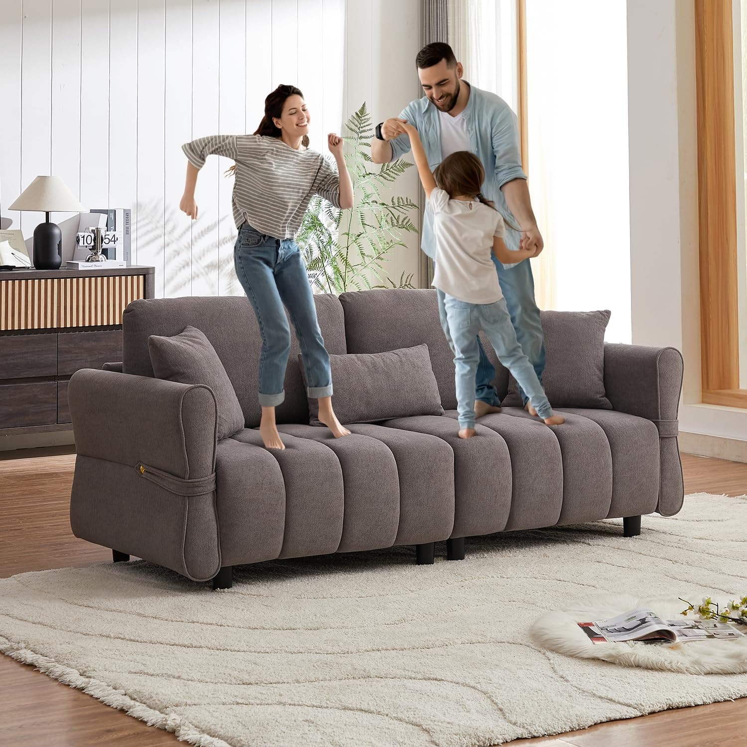 80-inch Grey Cloud Couch, Soft Chenille 3-Seater Sofa with Throw Pillows