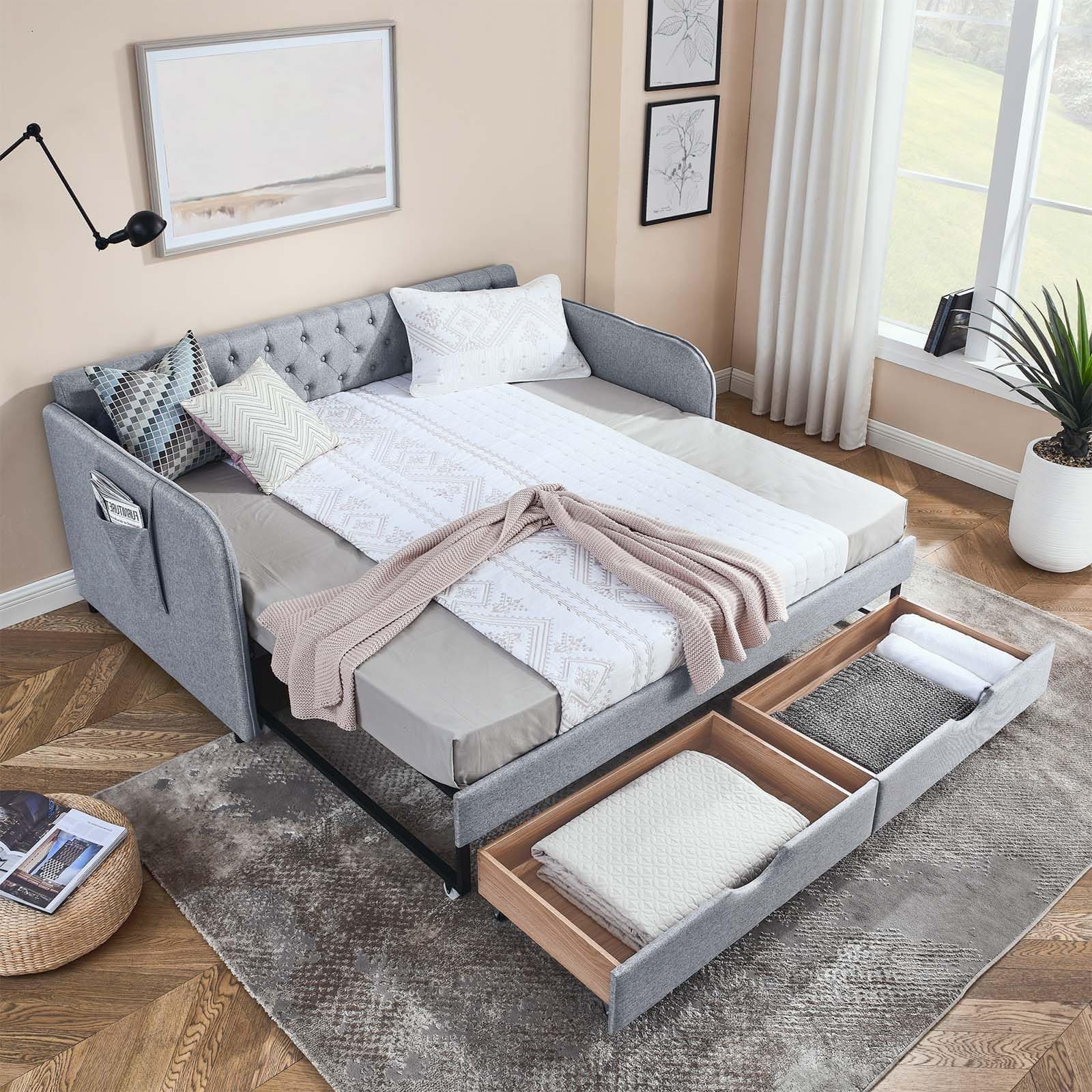 Modern Upholstered Daybed with Trundle Bed: Twin to King, Storage Drawer, Grey