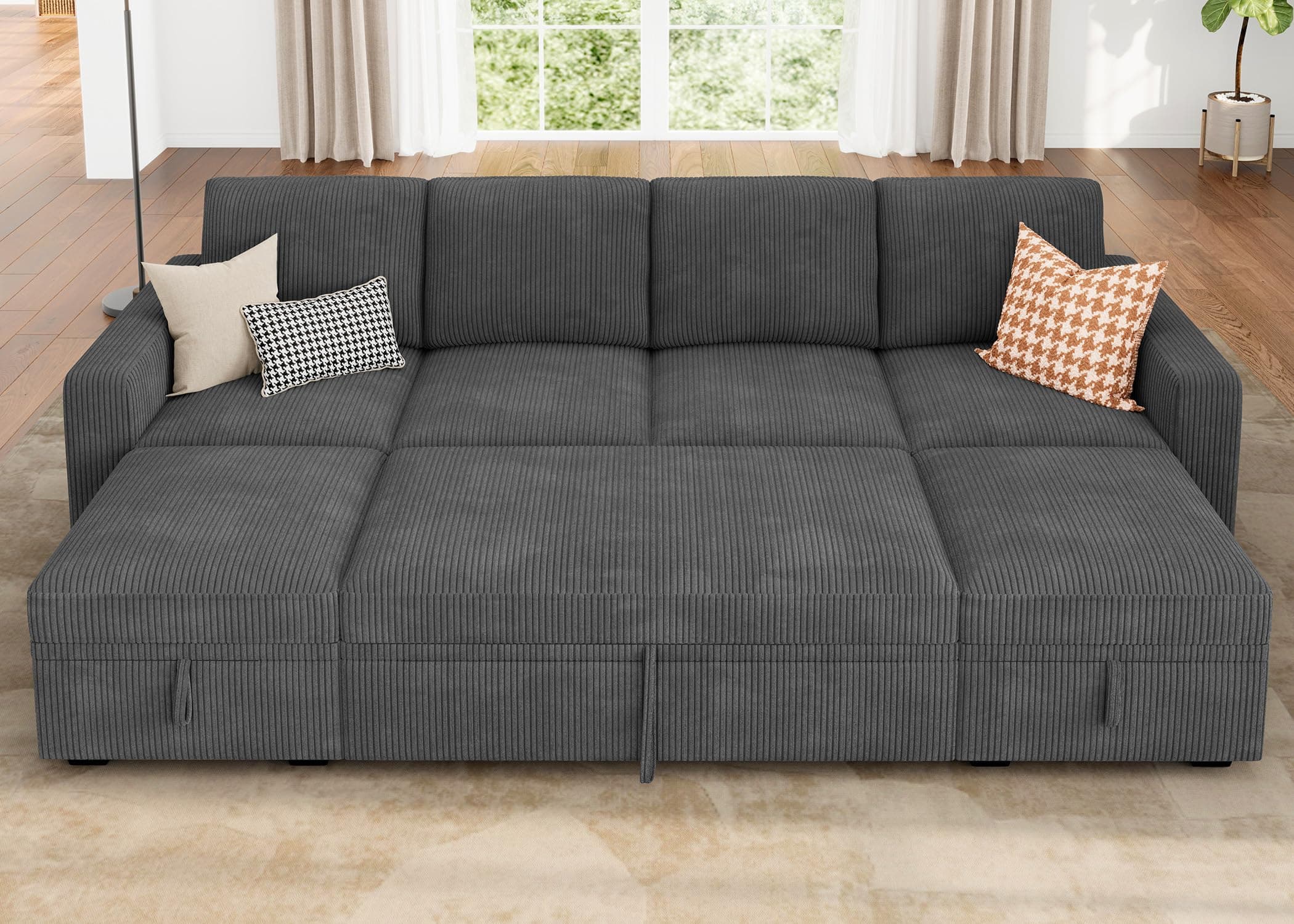 HONBAY Dark Grey Corduroy Modular Sectional Sleeper Sofa Bed