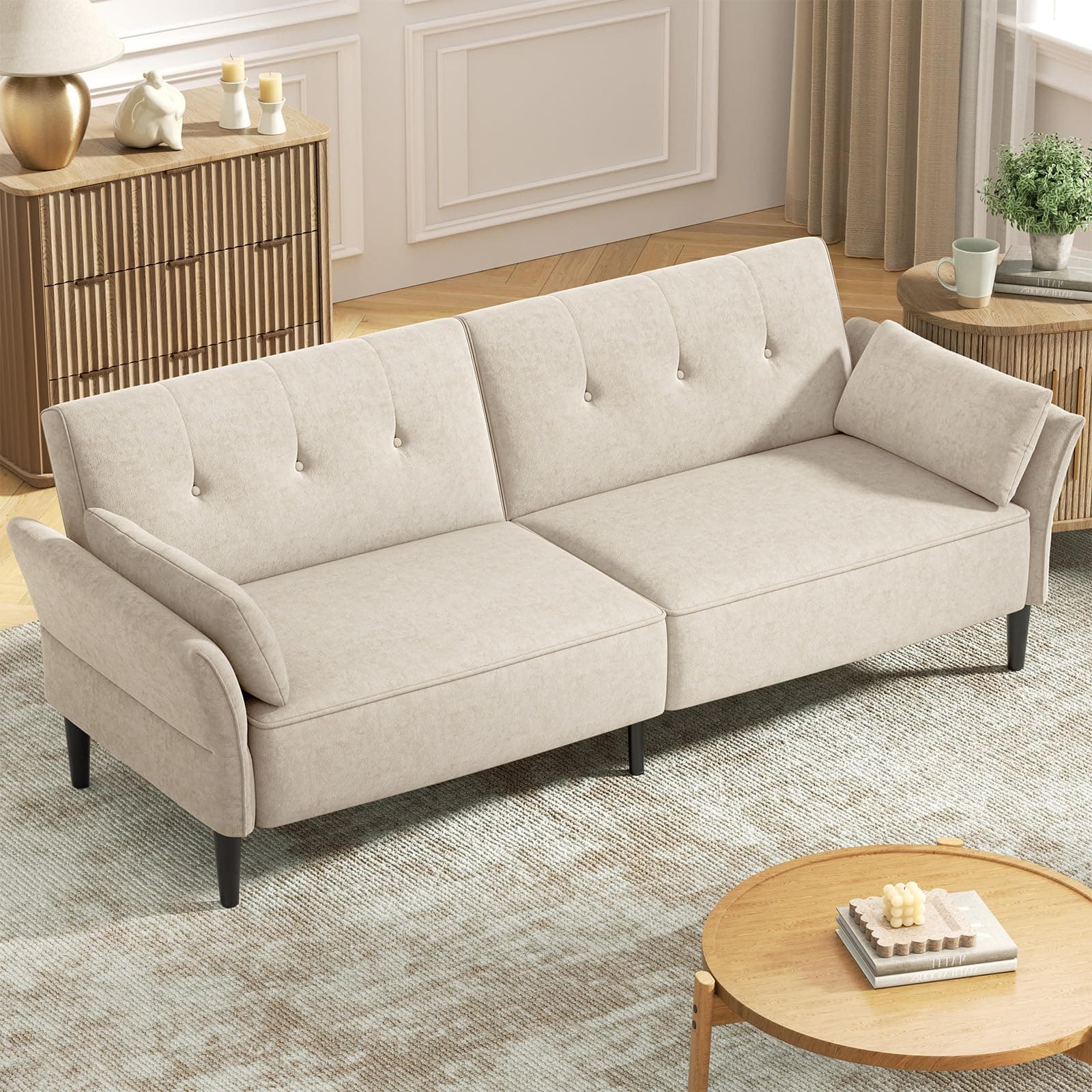 Modern 89 Velvet Futon Sofa Bed with Pillows - Beige Color