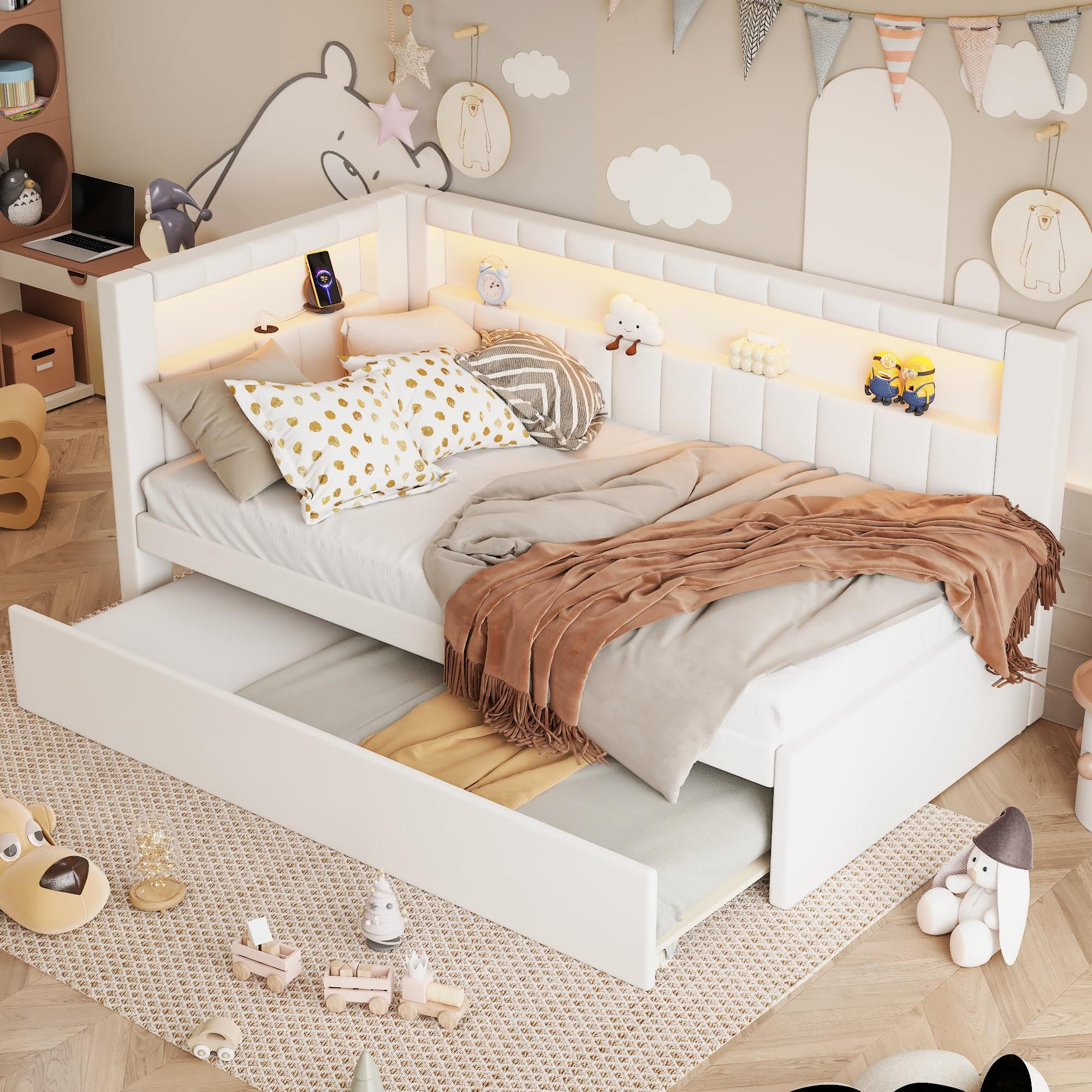 Twin Size White Daybed with Trundle and L-Shaped Bookshelf Headboard for Kids Boys Girls