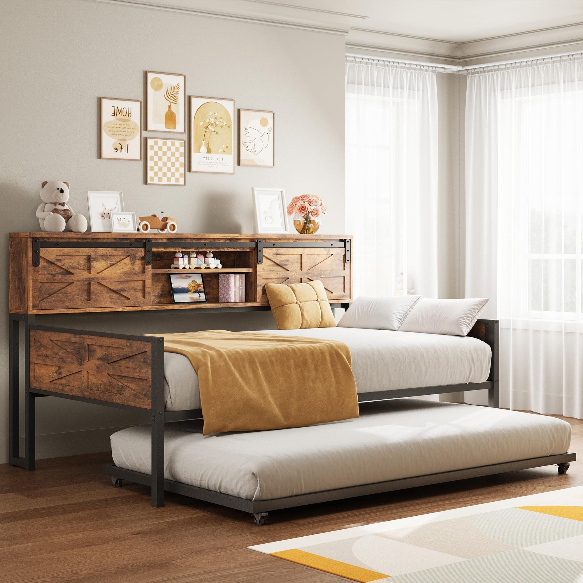 LIKIMIO Industrial Brown Daybed with Trundle, Storage & Charging Station