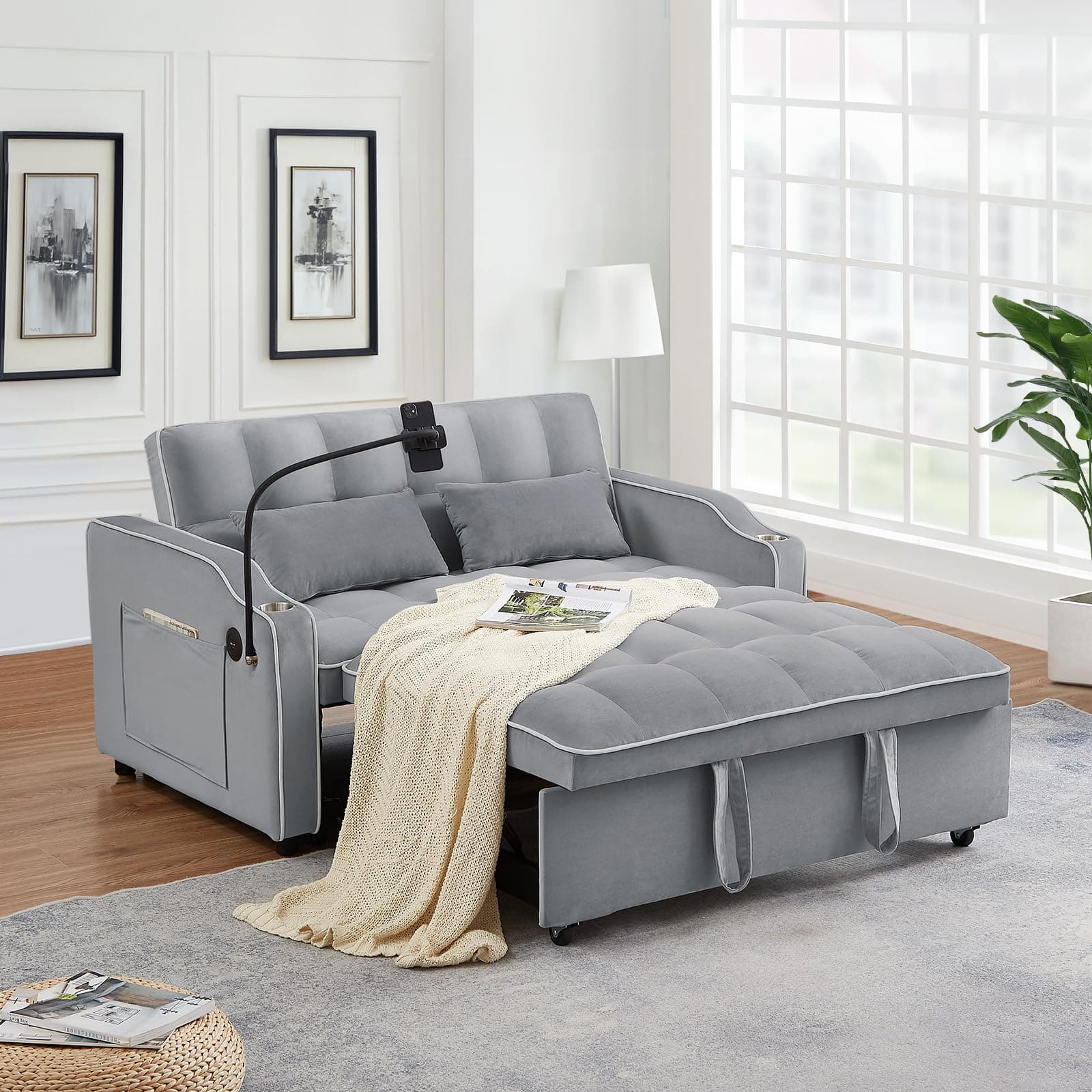 Light Grey Convertible Velvet Pull Out Sofa Bed with Phone Holder