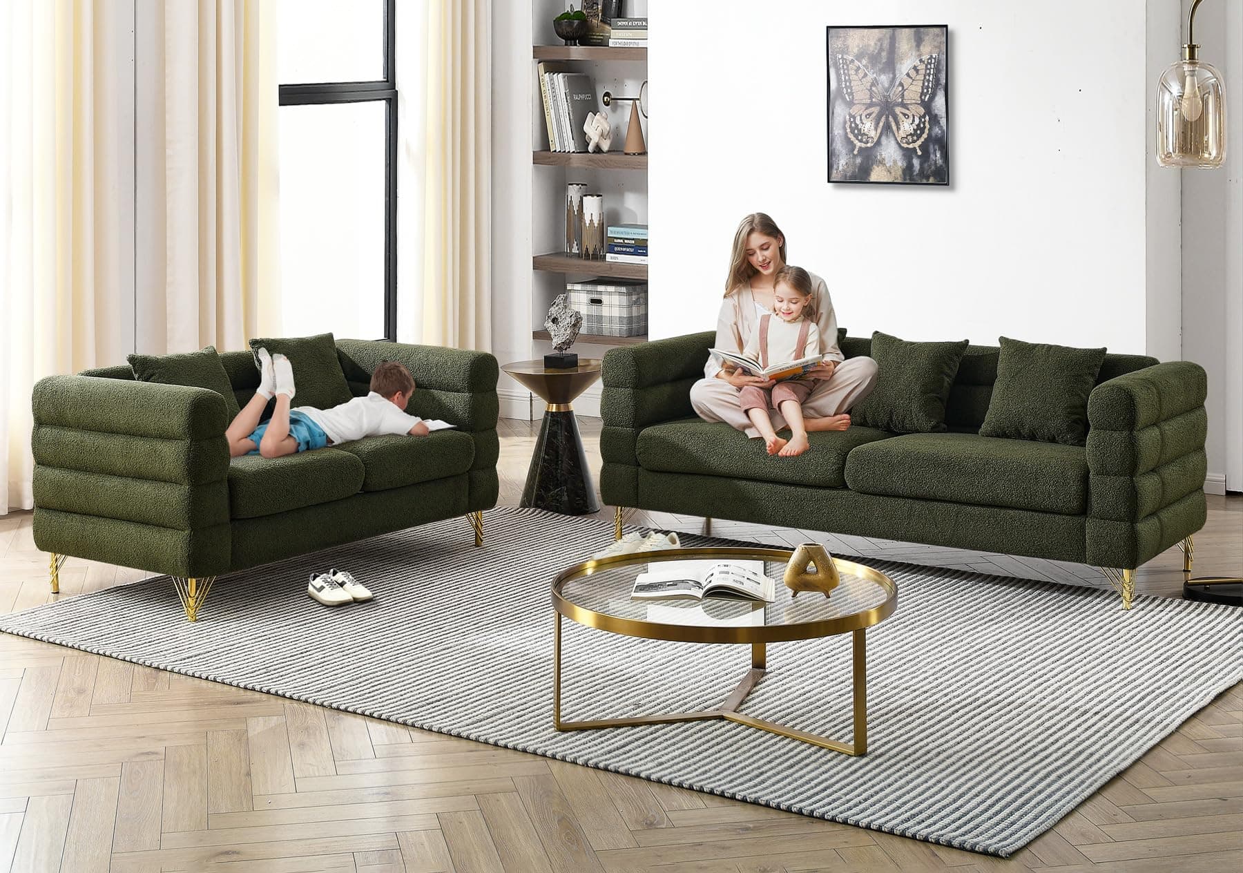 Modern 81-inch Couch + 60-inch Loveseat in Green Teddy Fabric