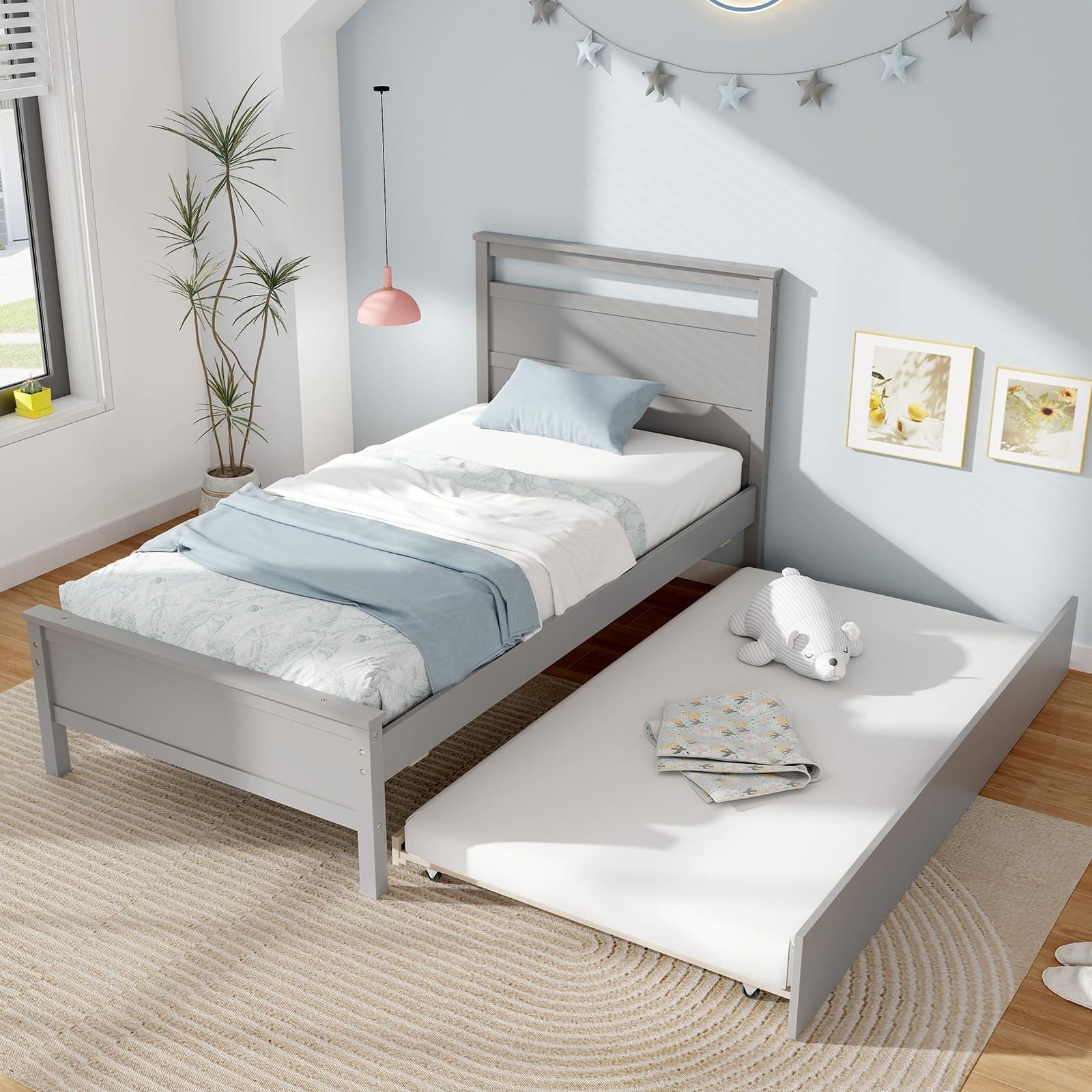 Giantex Wood Day Bed Twin with Headboard & Slats Support, Grey
