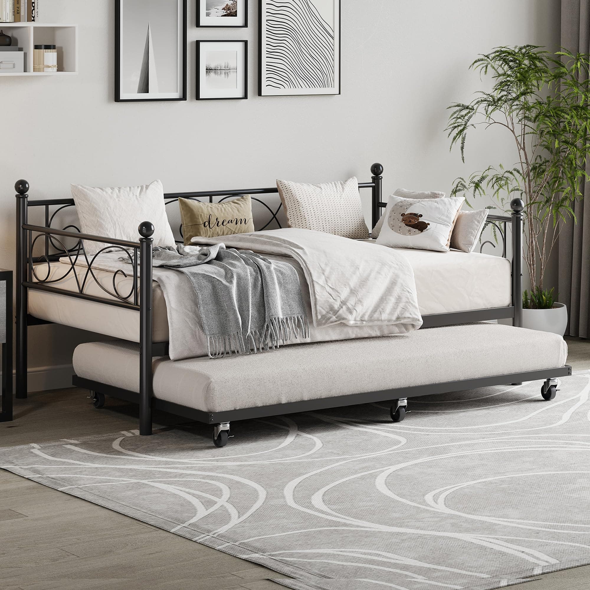 Modern Metal Daybed with Pull-Out Trundle and Floral Headboard, Twin Size, Black
