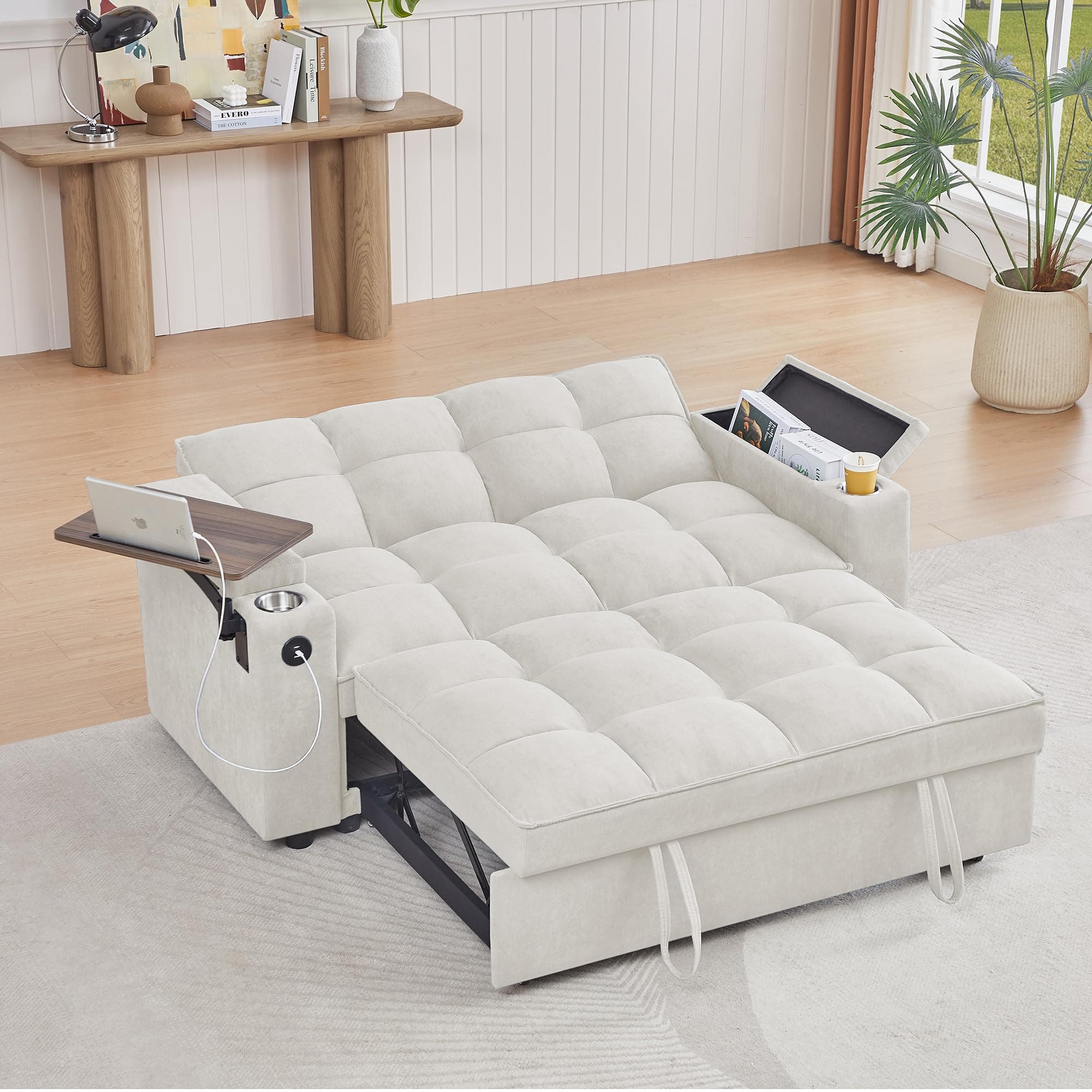 360 Degree Swivel 65'' 3-in-1 Convertible Queen Sofa with Pullout Bed (White)