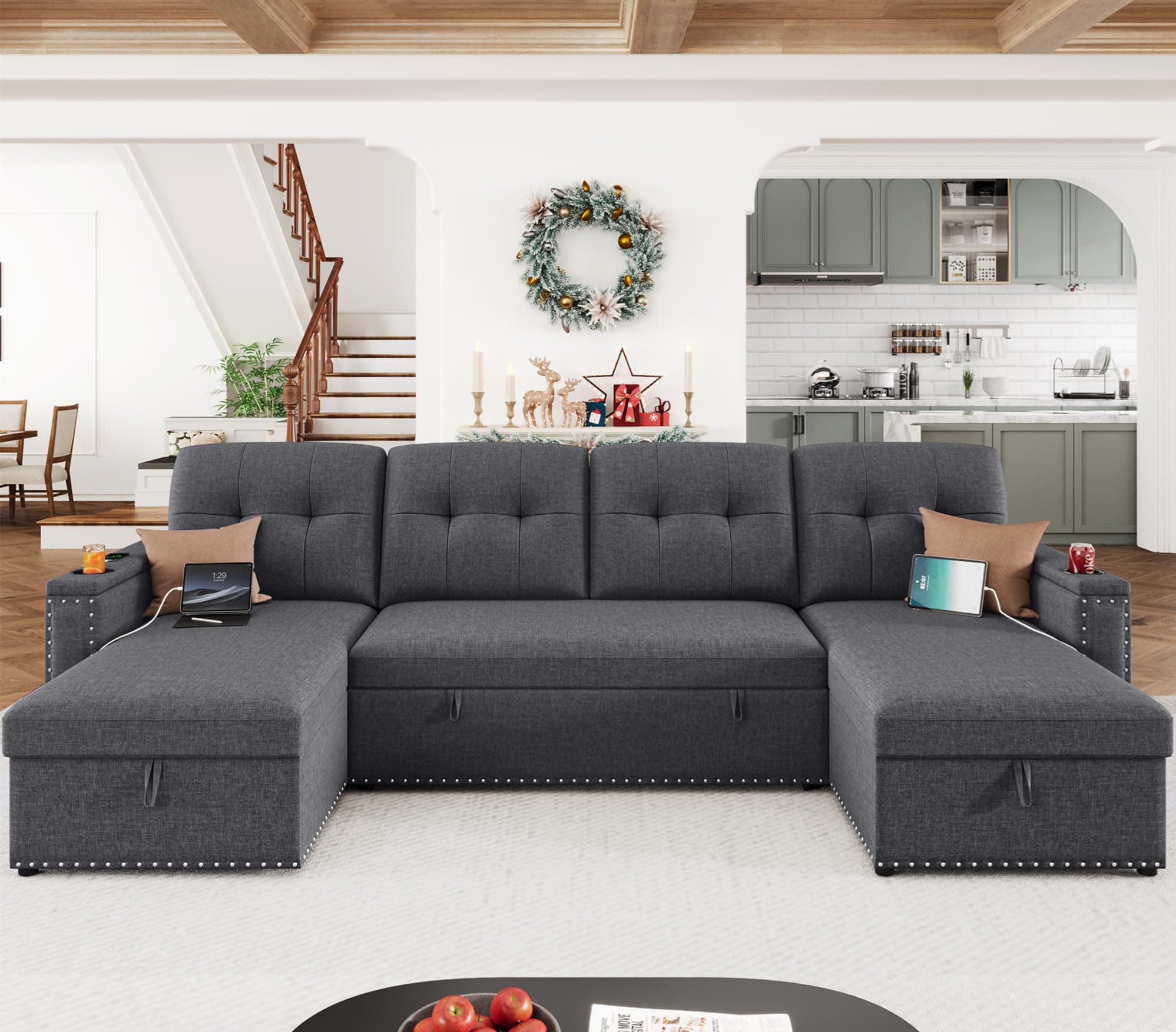 HIFIT 112" U-Shaped Sectional Couch with LED Lights & USB, Grey