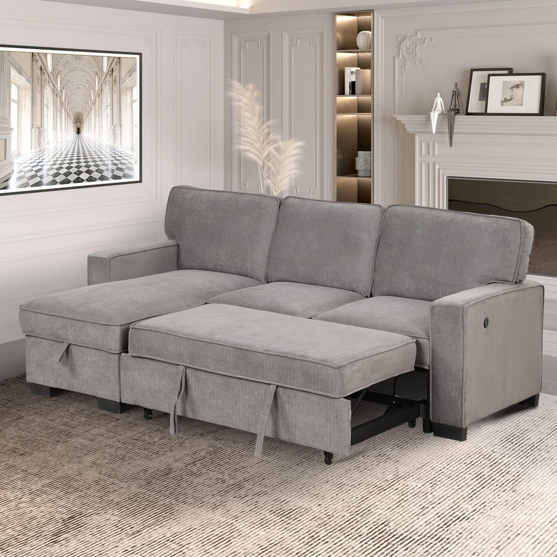 Grey Chenille 3-in-1 Convertible Sleeper Sofa Bed with Storage