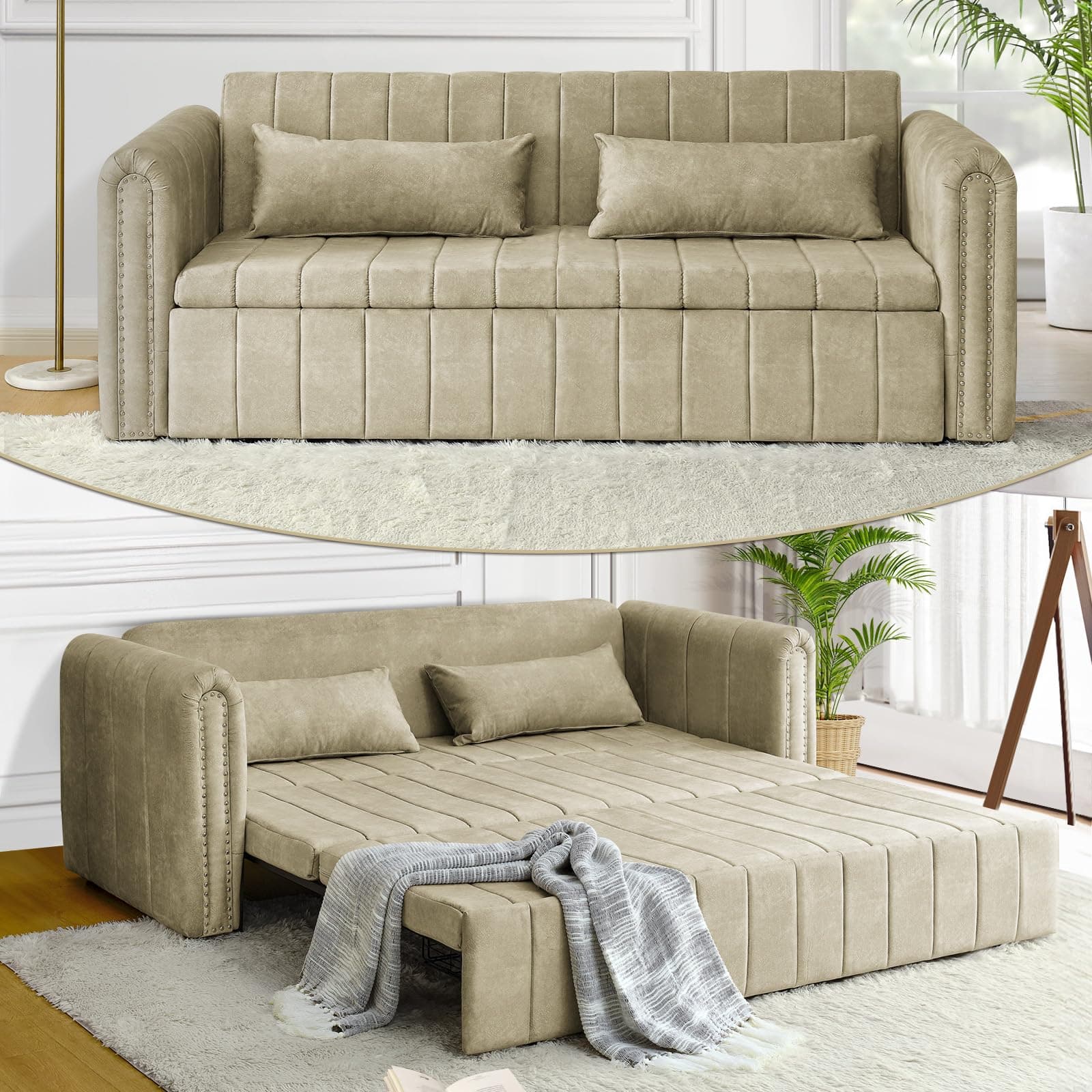 Antetek 82 Velvet Sleeper Sofa - Modern 3-Seat Couch with Pullout Bed & Pillows, Beige