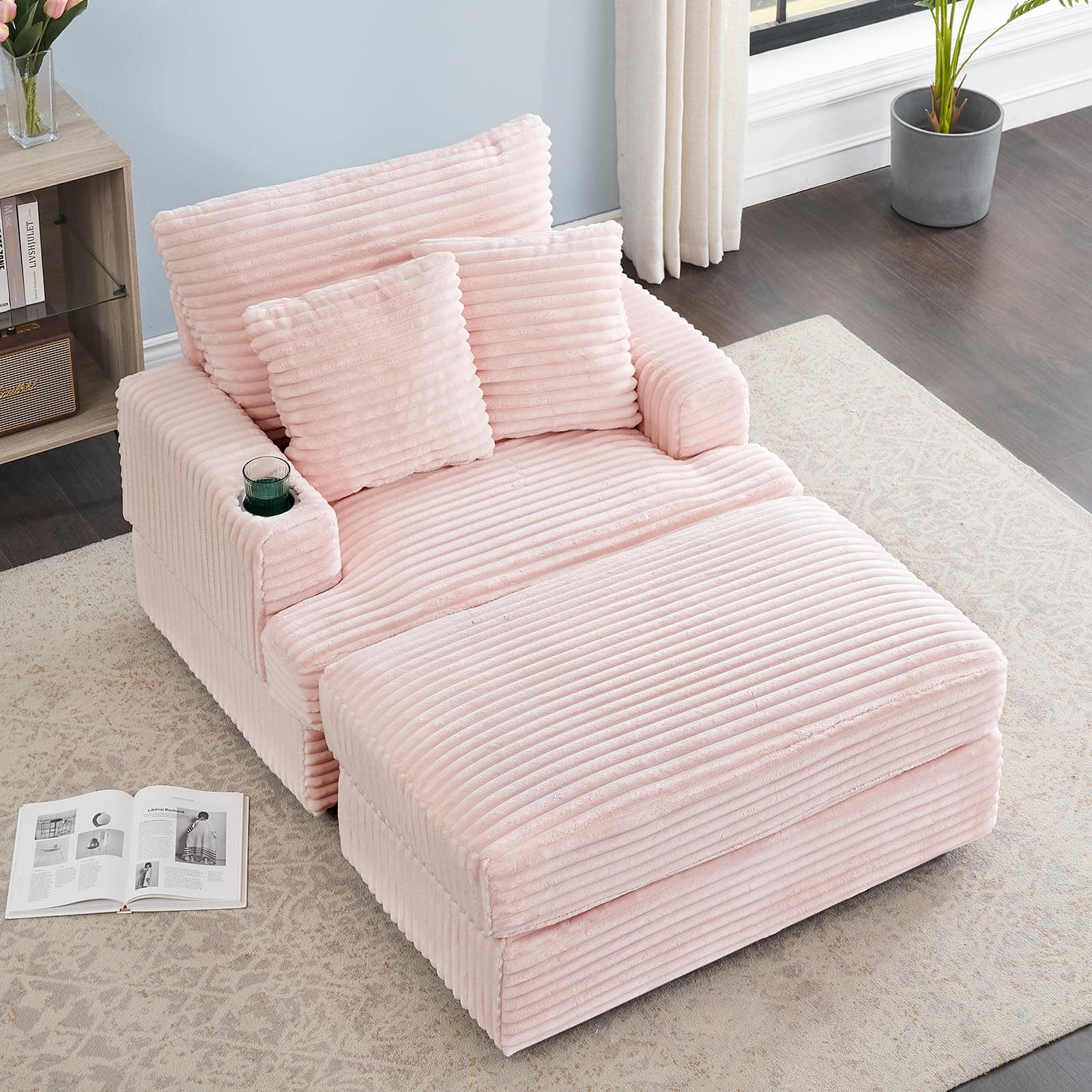 Modern Pink Corduroy Chaise Lounge Chair with Cup Holder