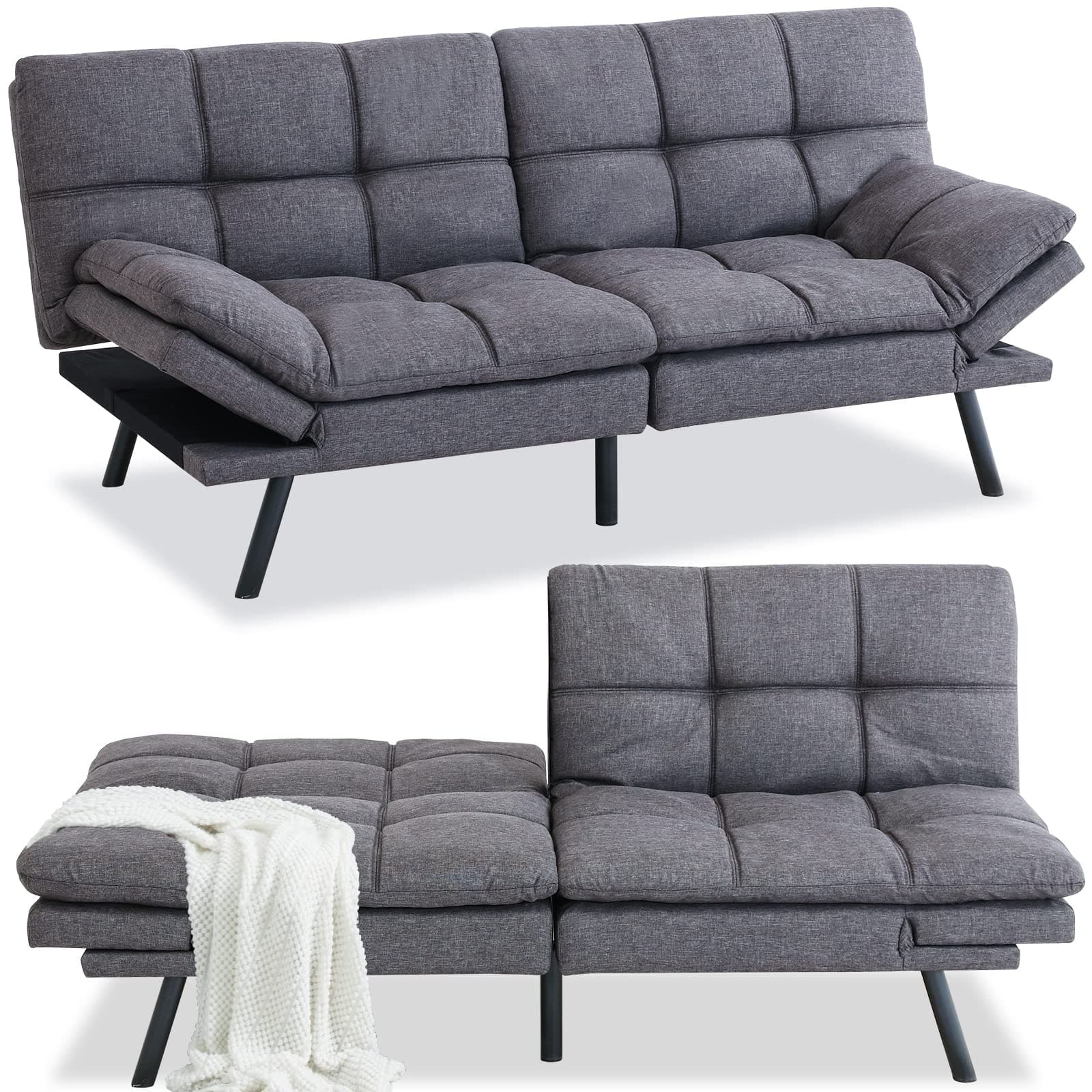 Modern Futon Sofa Bed for Small Spaces, Dark Grey
