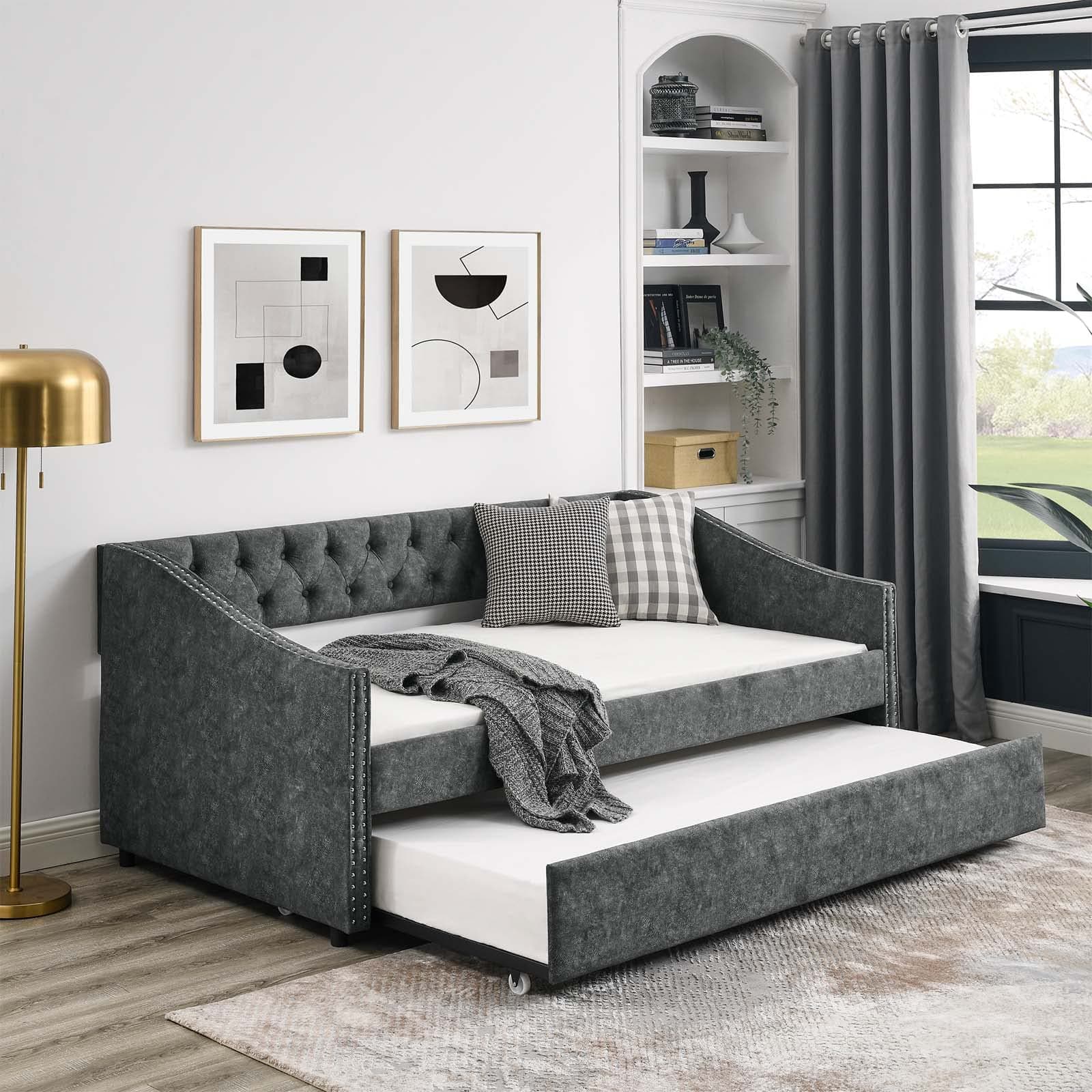 Antetek Grey Twin Size Daybed with Trundle and Modern Velvet Upholstery