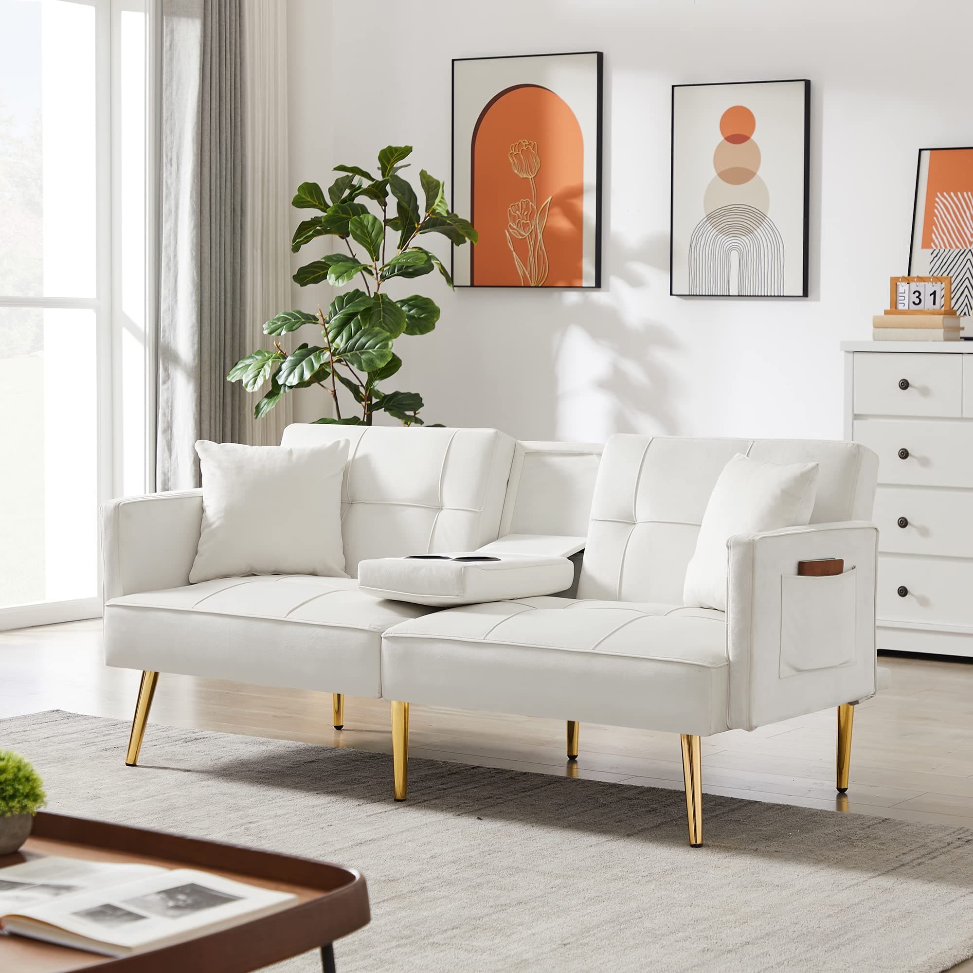 Antetek Convertible Futon Sofa Bed, 69-inch White Tufted Velvet Sleeper Couch