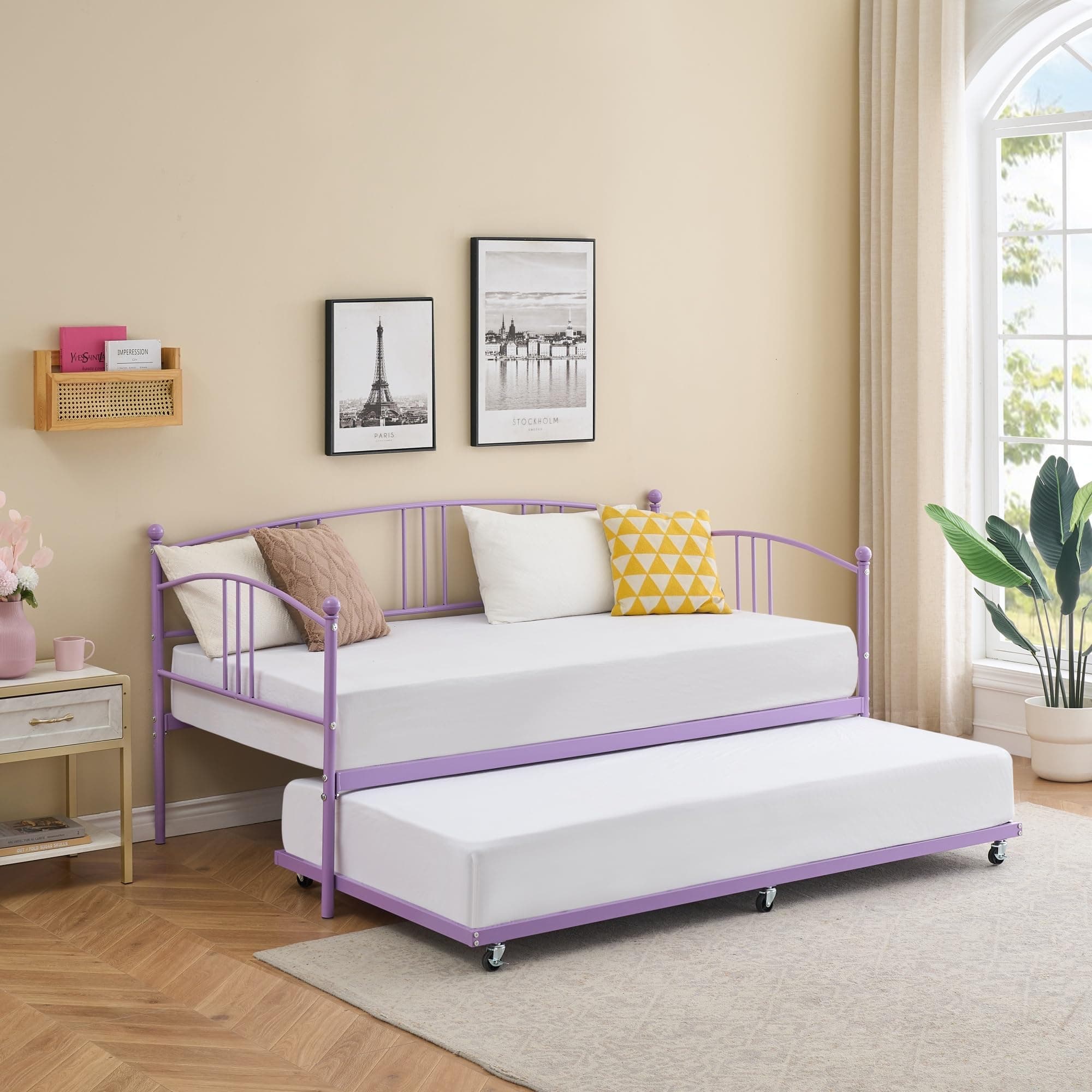 Twin Metal Daybed with Trundle, Easy Assembly, Purple Guest Sofa Bed
| Pullout Trundle Bed Frame with Arched Headboard, No Box Spring Required, Purple
| Purple Guest Sofa Bed with Steel Slat Support, Easy Assembly