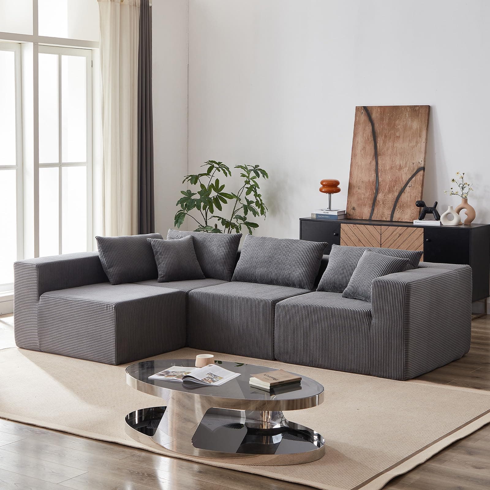 Modern Grey L-Shaped Cloud Flannel Sectional Couch, 4-Seater Modular Lounge