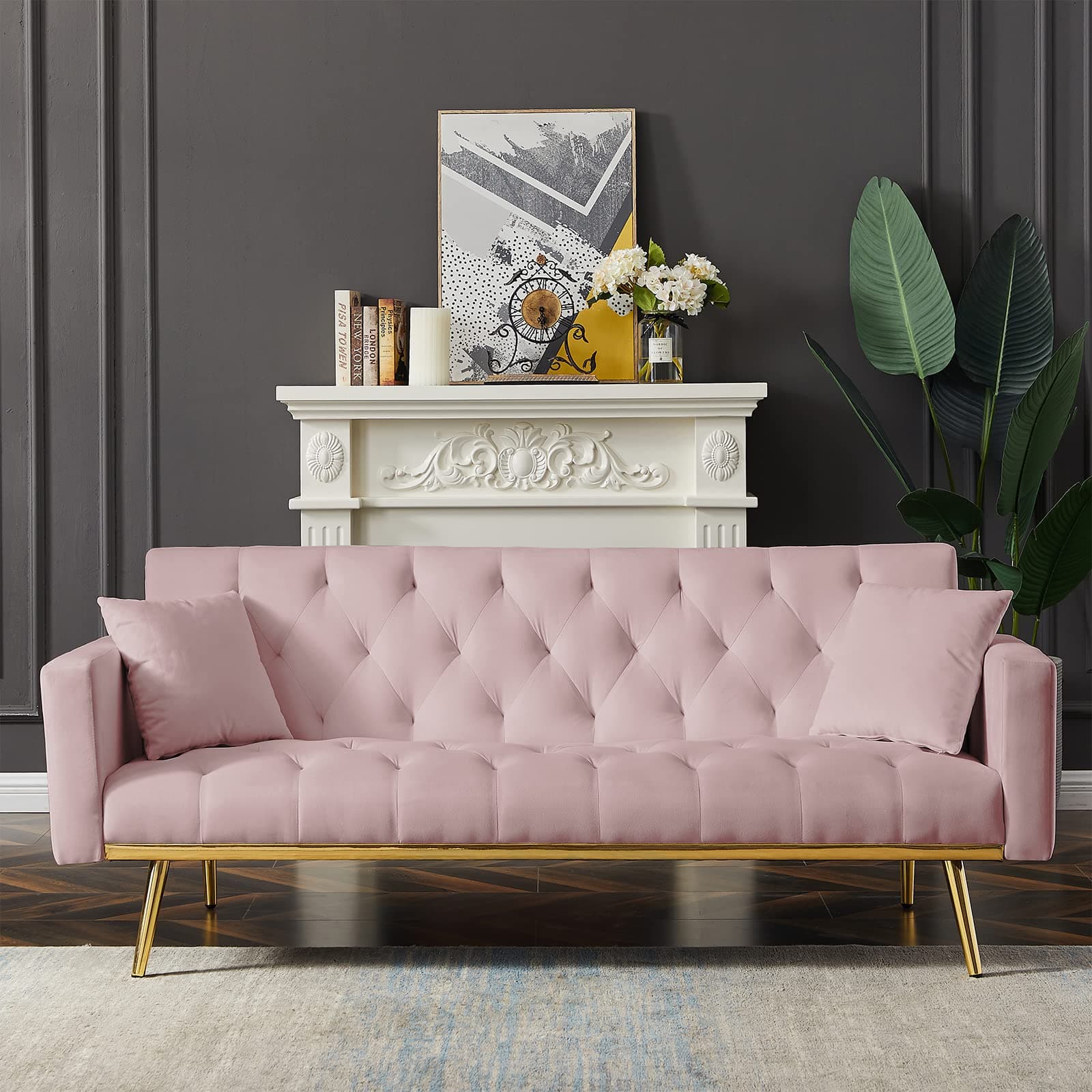Golden Tapered Metal Legs, Pink 73-inch Reclining Velvet Futon Sofa Bed