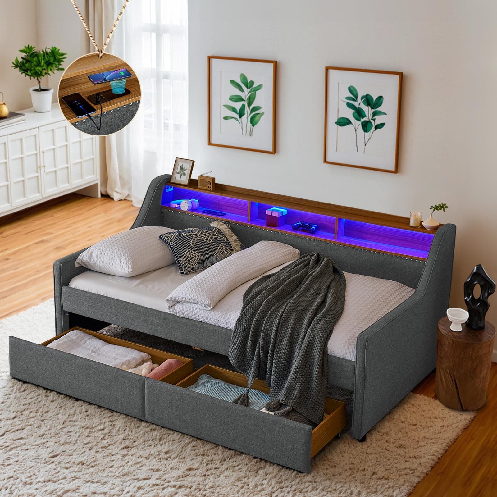 Antetek Dark Grey Daybed with Storage & Wireless Charger