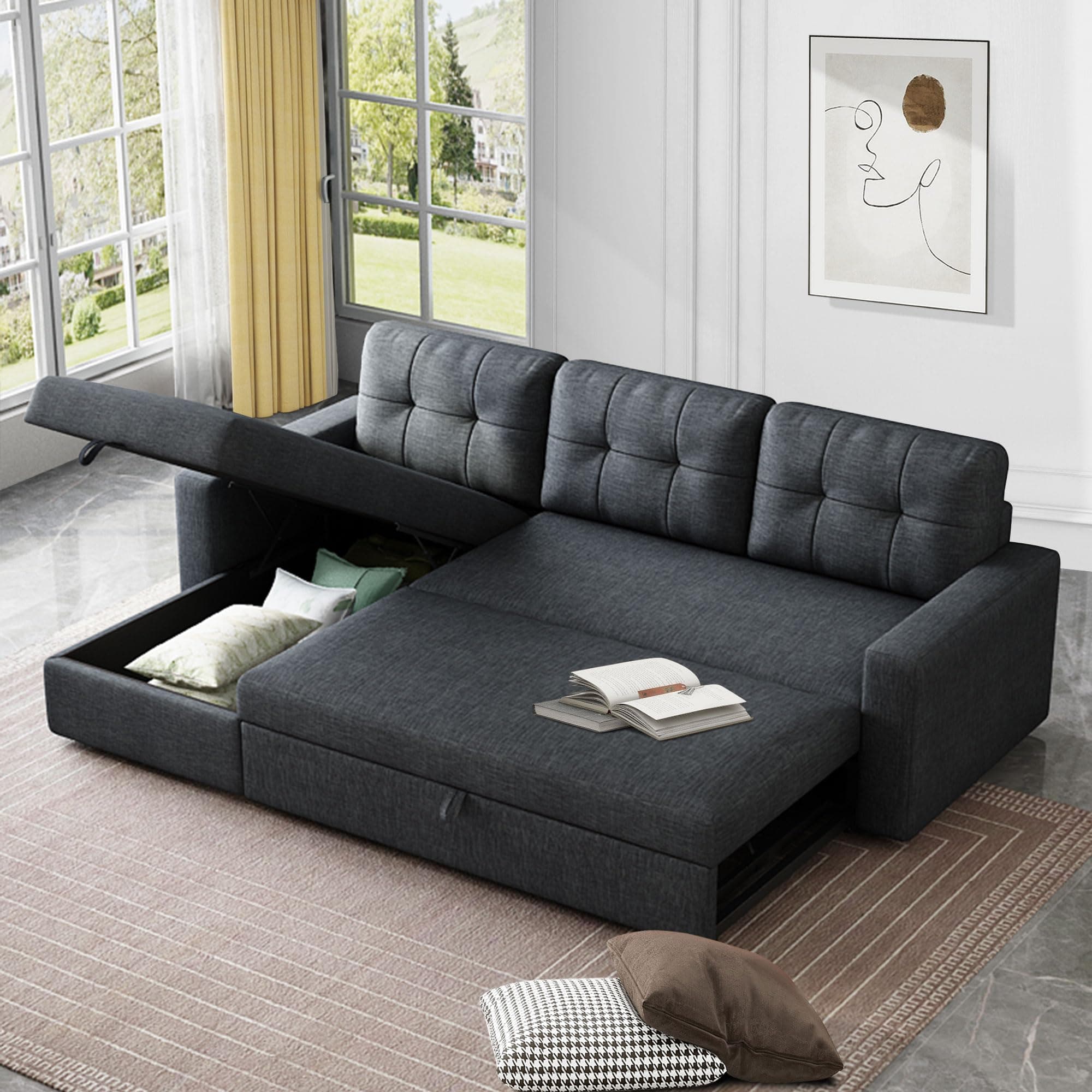 Dark Grey L-Shaped Reversible Upholstered Sleeper Sectional Sofa