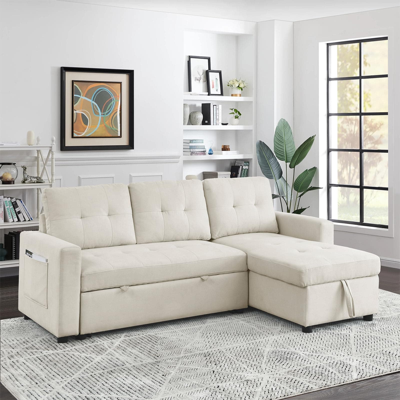 Antetek Reversible Sleeper Sectional Sofa with Storage Chaise, Beige