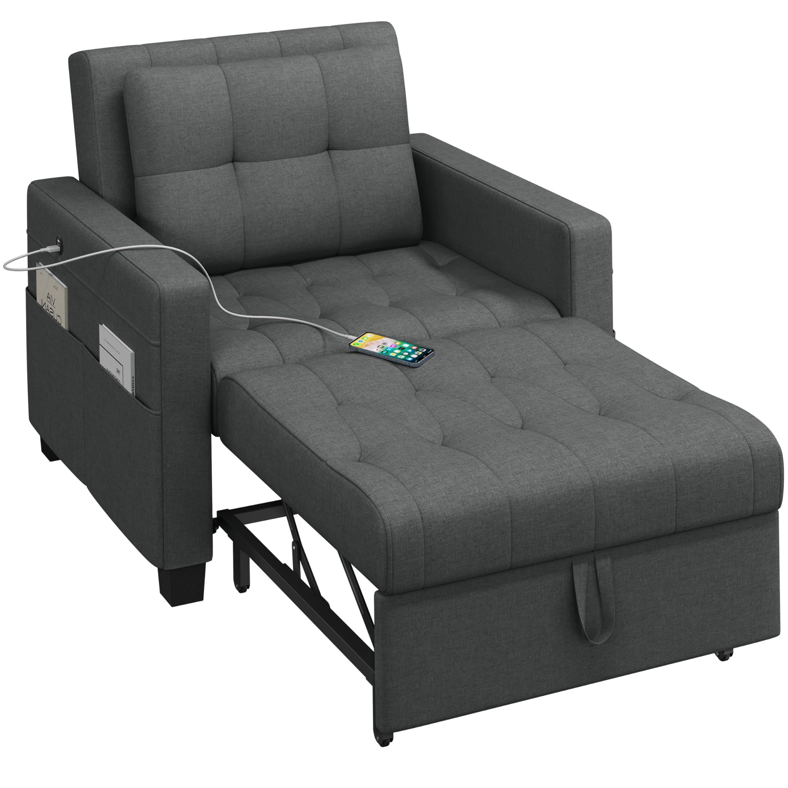Yaheetech Dark Gray Convertible Sofa Bed with Adjustable Backrest & Charging Ports