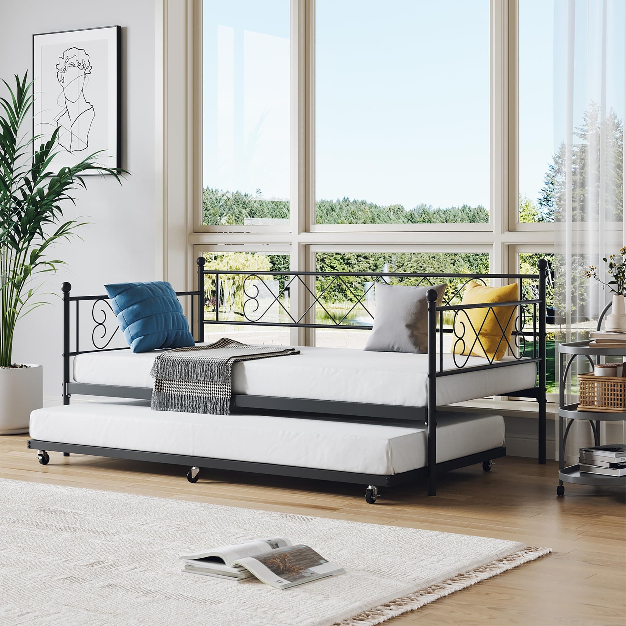 Metal Daybed with Trundle for Living Room, Bedroom and Guest Room