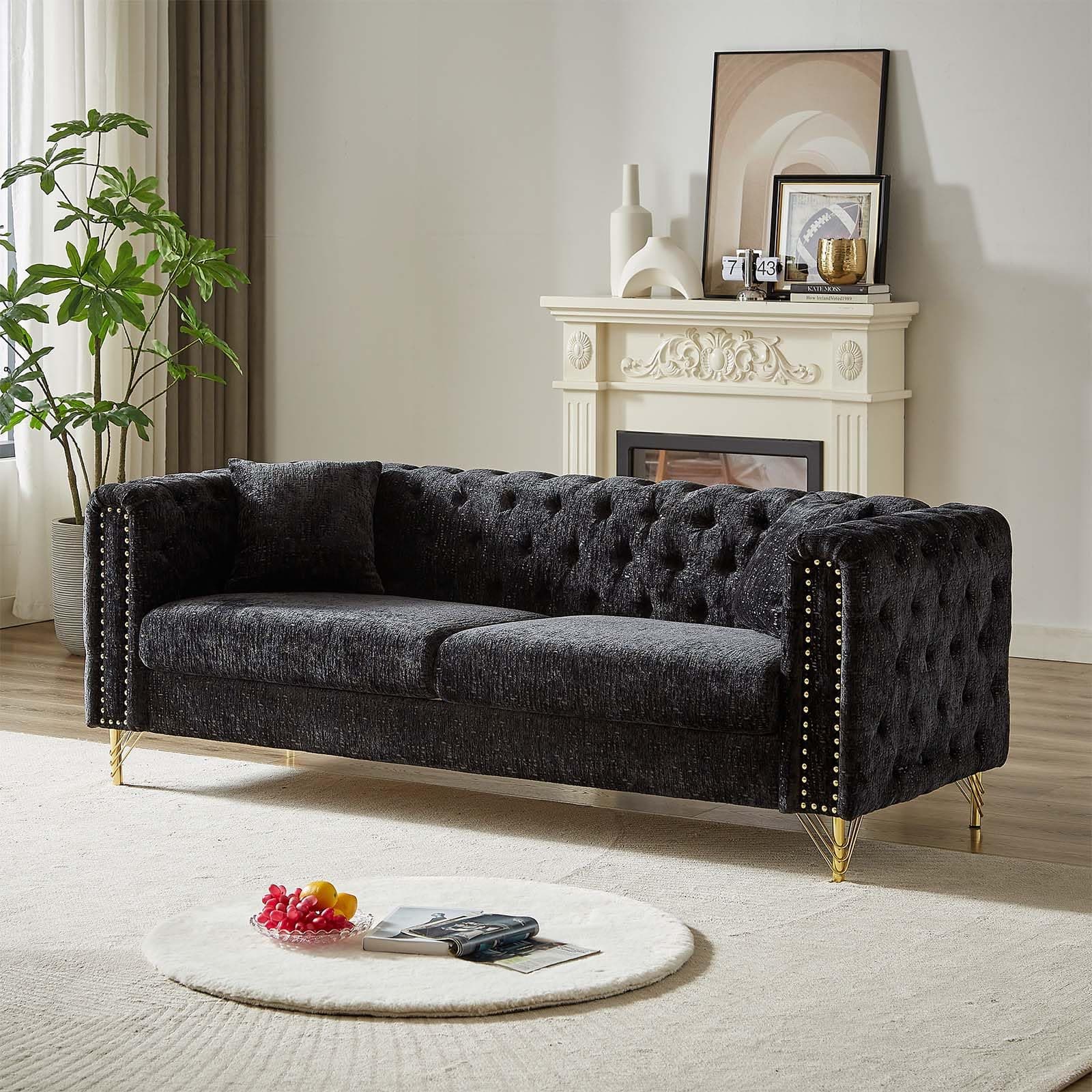 Antetek 82" Copper Nail Metal Leg Chenille Sofa Couch, Black