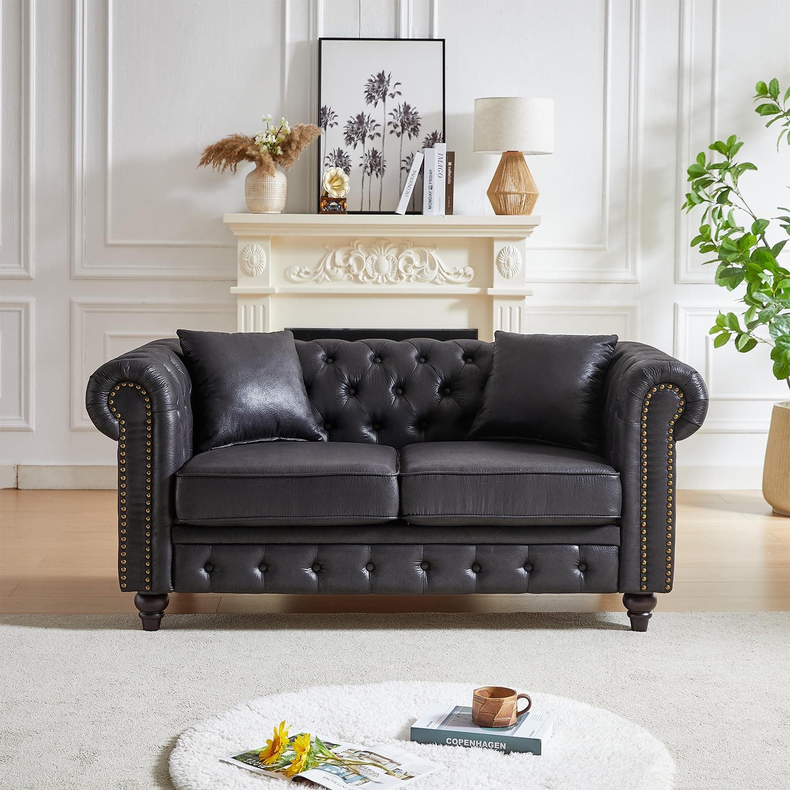Modern Black Faux Leather Chesterfield Love Seat Sofa, 63.5-Inch With Rolled Arms and Tufting