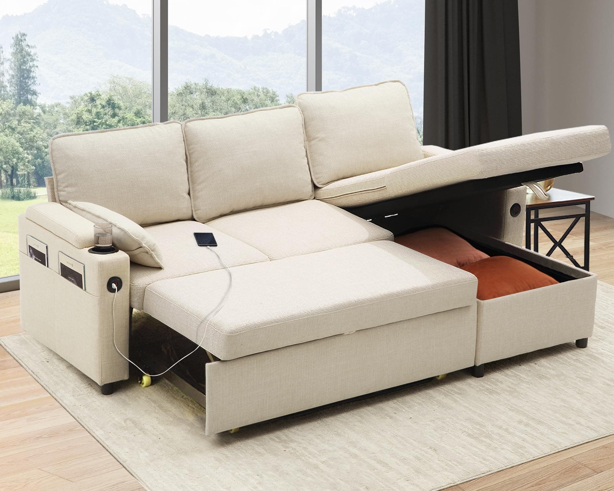 DURASPACE Beige 2-in-1 Pull Out Sectional Sleeper Sofa with Storage