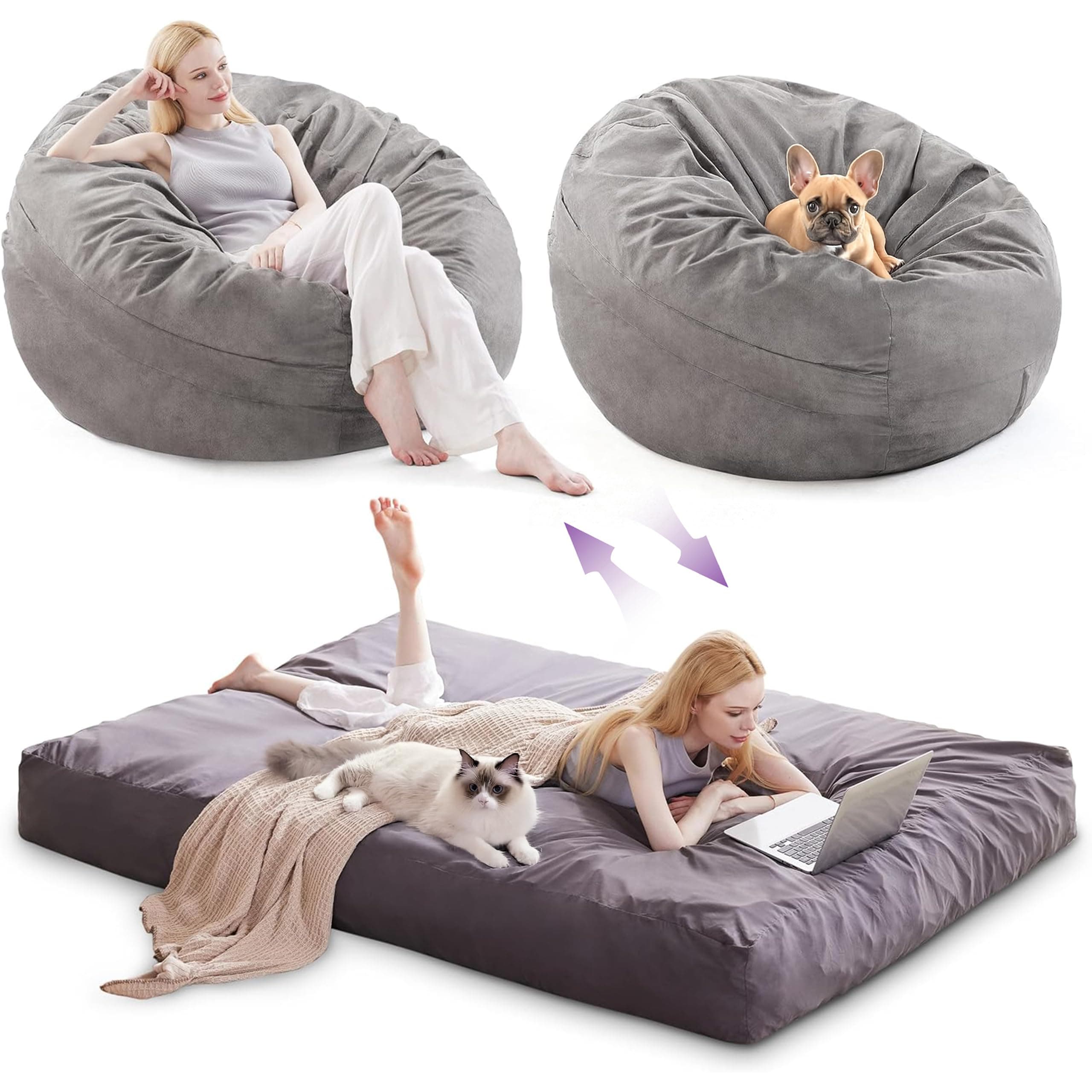 Grey Queen Giant Bean Bag Chair Bed for Adults