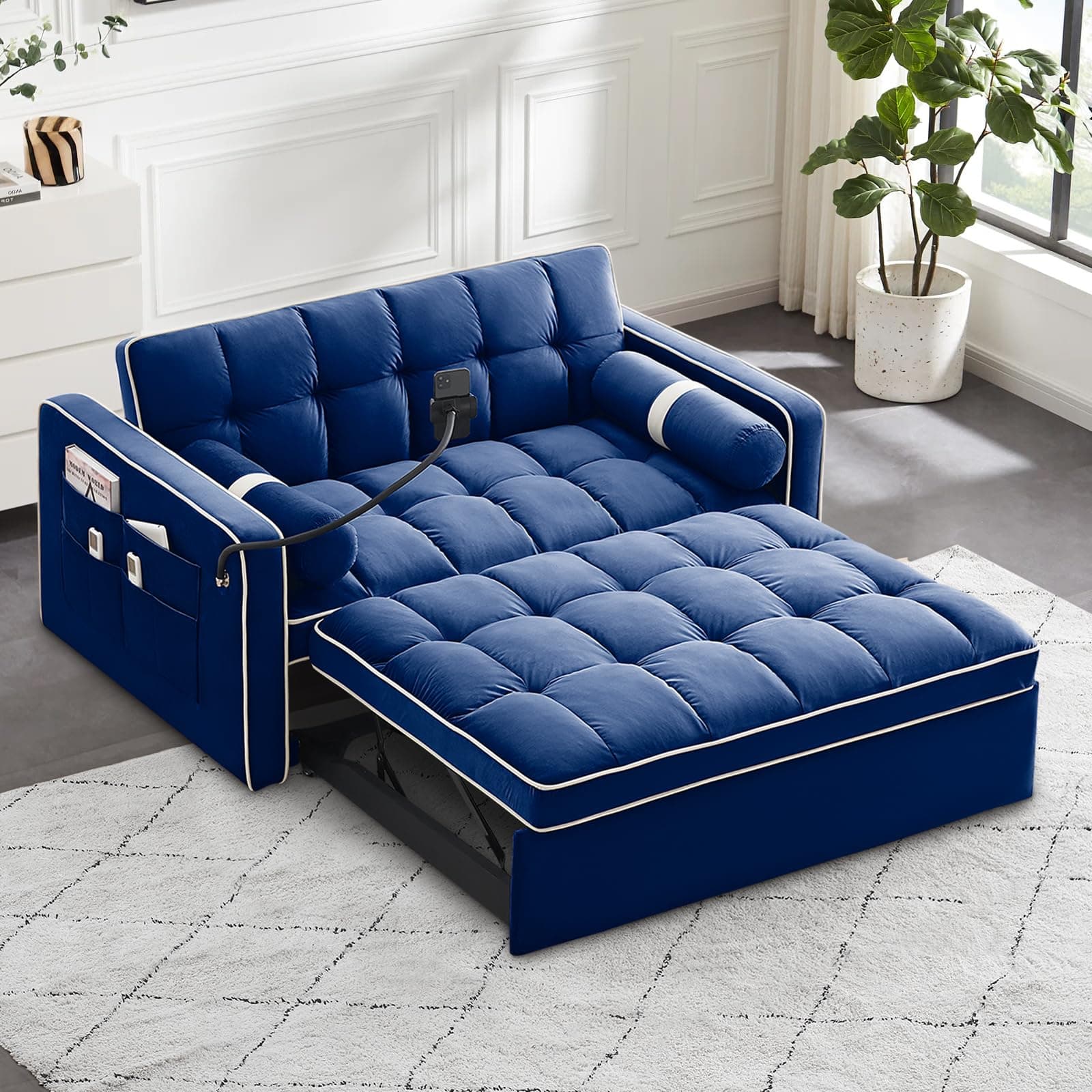 Antetek 3-in-1 Sleeper Sofa with Phone Holder, Blue Velvet Backrest