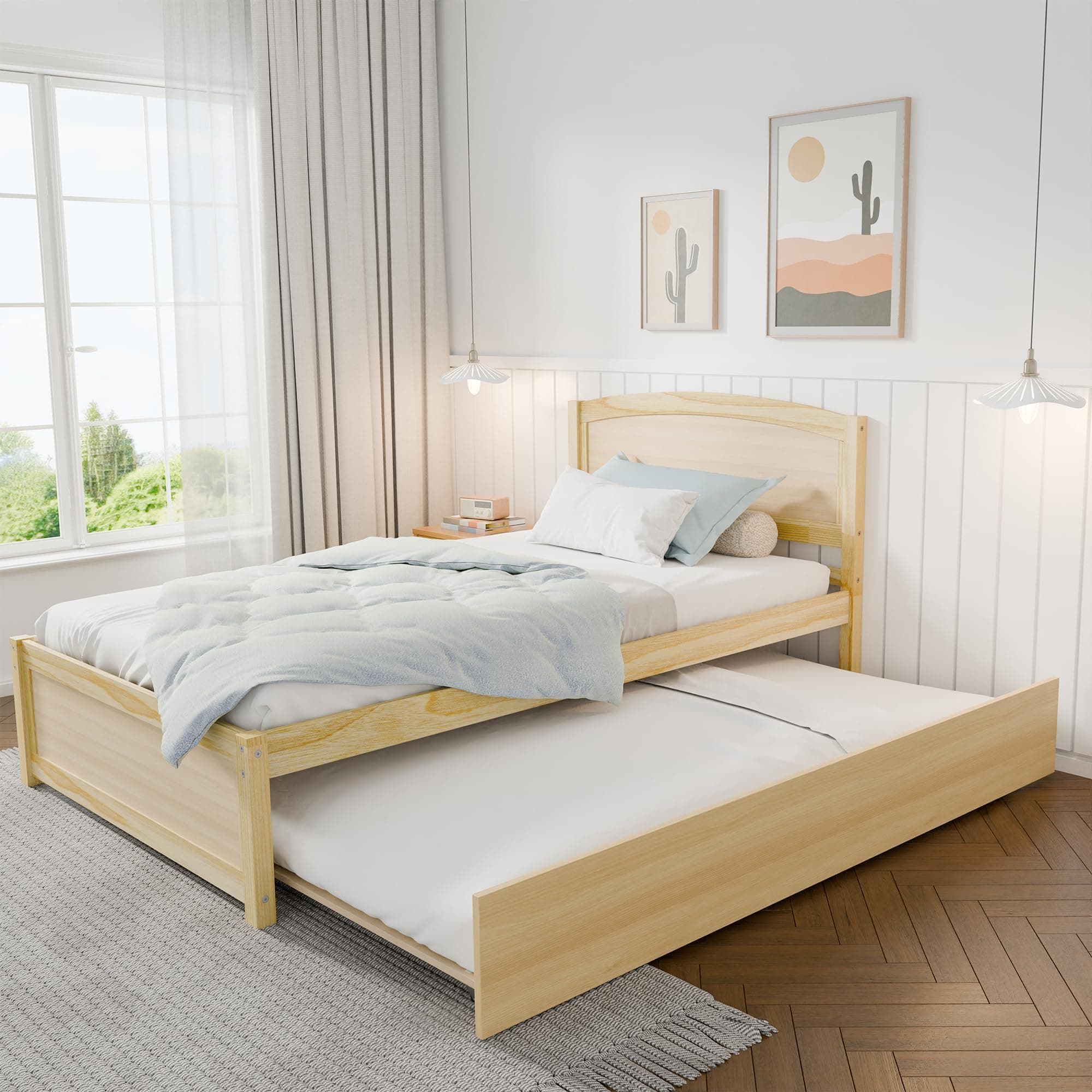 Twin Size Extendable Daybed with Trundle, Solid Wood Support (Natural)