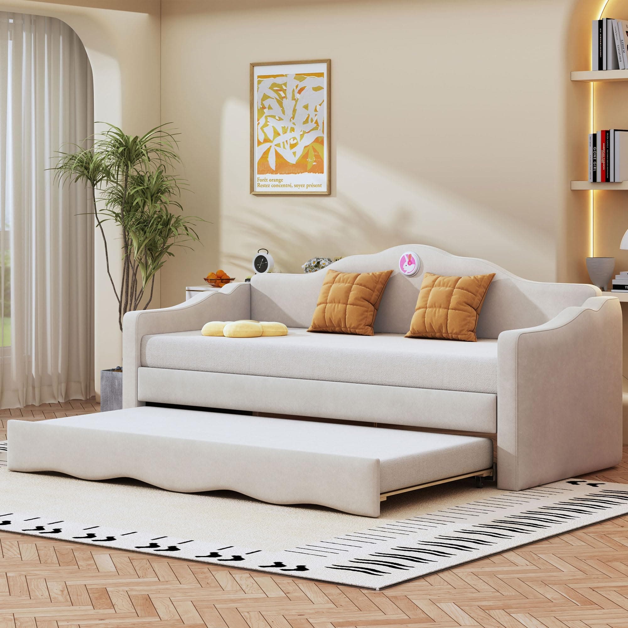 Beige Ball & Cast Upholstered Twin Daybed with Trundle & Wave Back Arm, Wood Slat Support