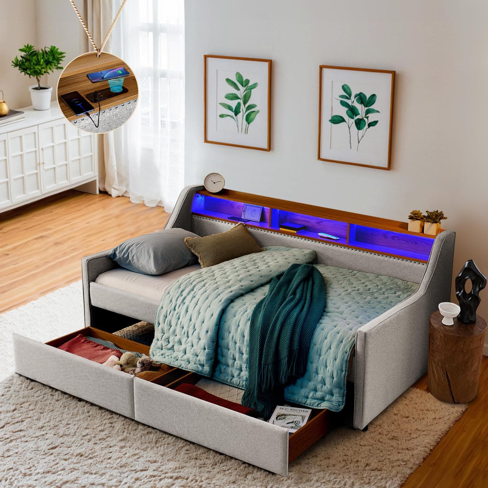 Antetek Beige Upholstered Linen Daybed with Storage & Wireless Charger