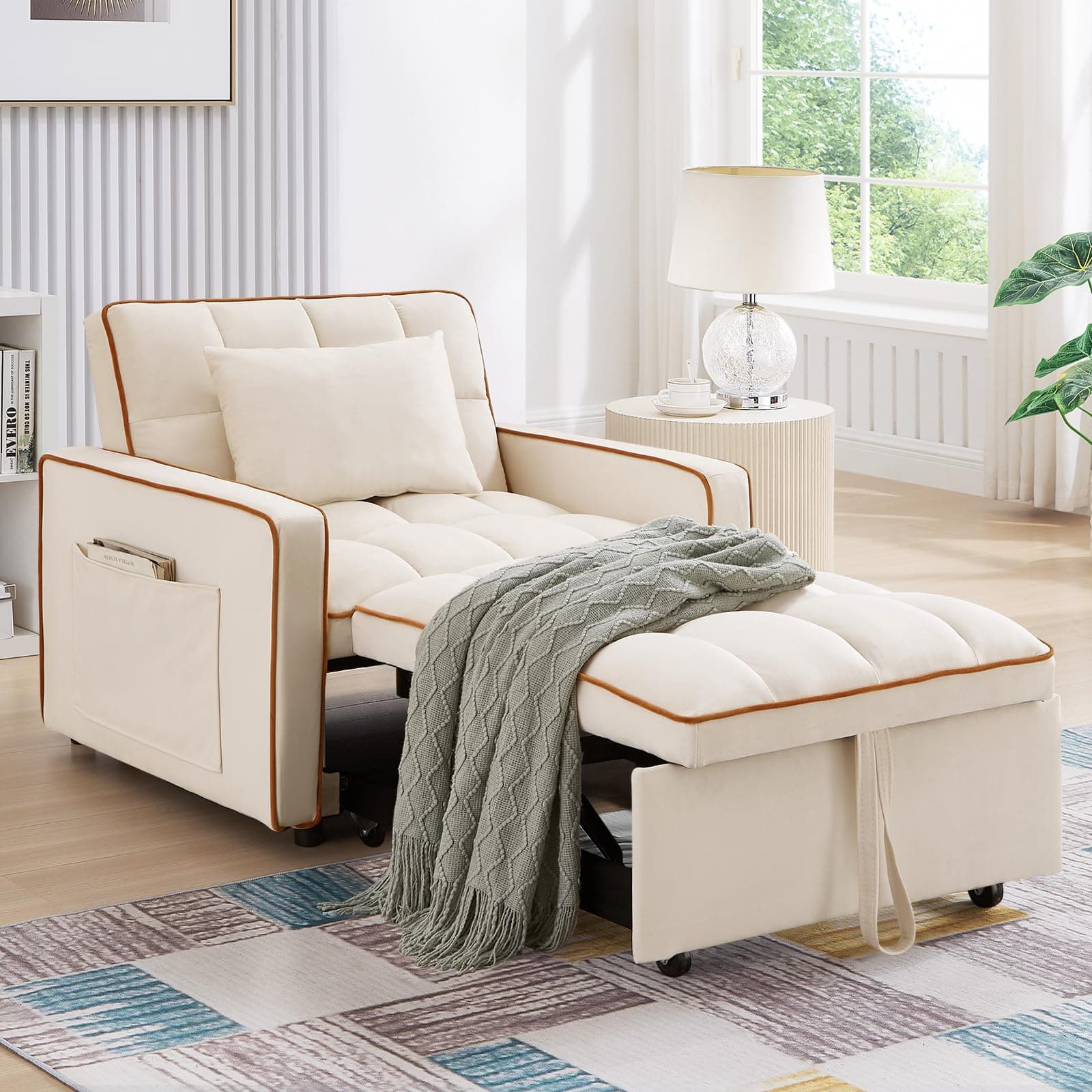 3-in-1 Convertible Sleeper Chair Bed for Small Spaces in Beige