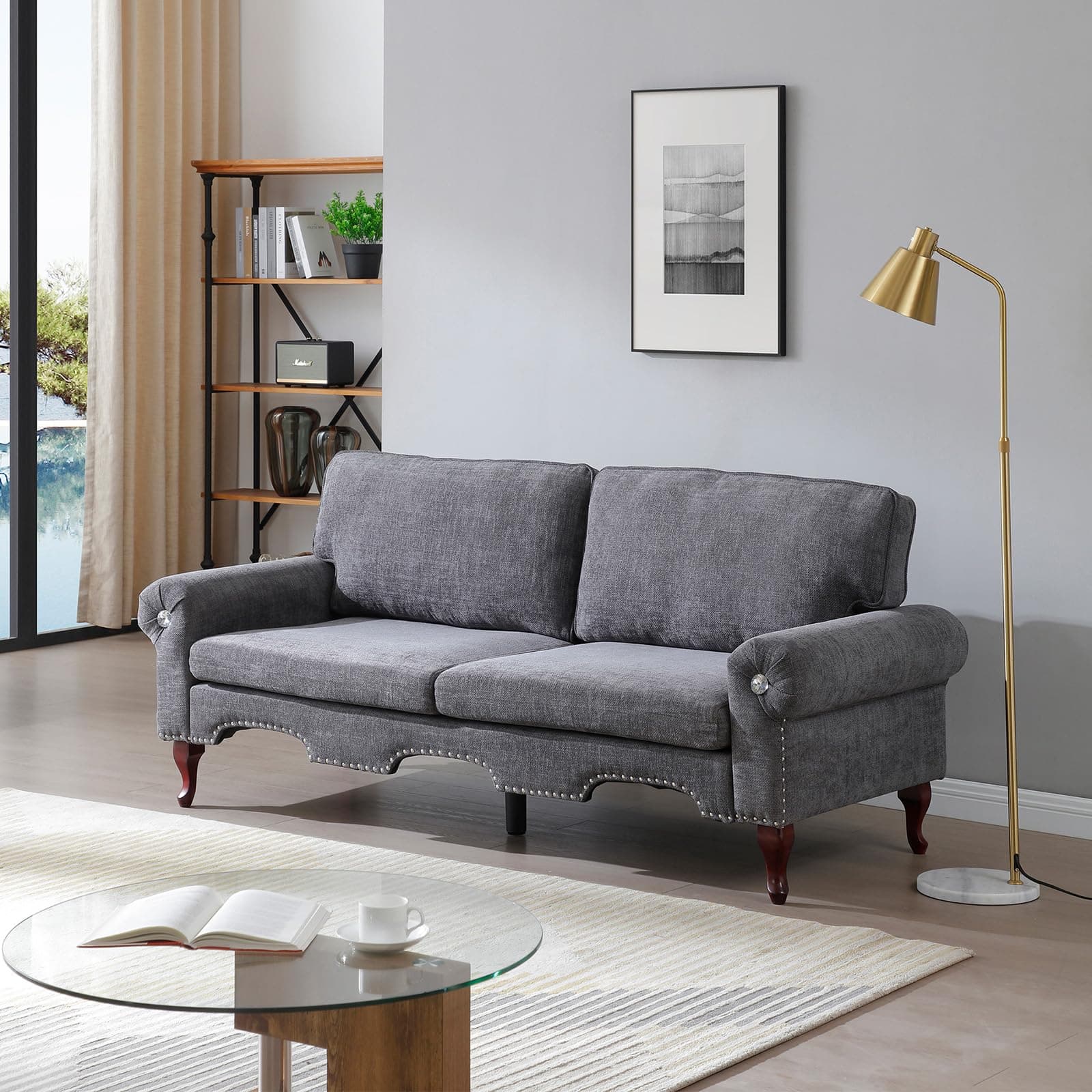 Antetek Grey 80-inch 3-Seater Couch with Crystal Tufting & Nailheads Trim