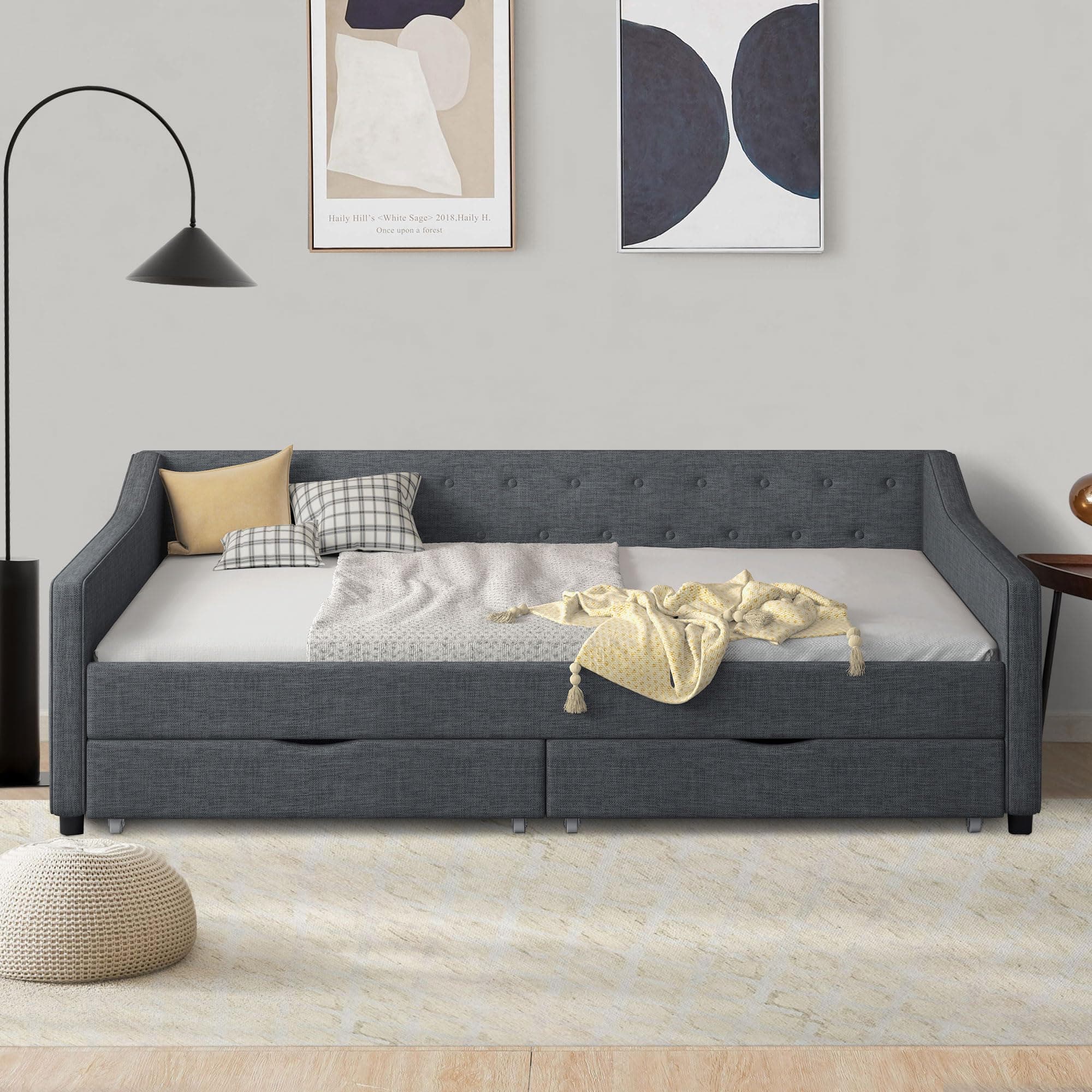 Linen Upholstered Ball & Cast Daybed, Dark Grey, 2 Storage Drawers