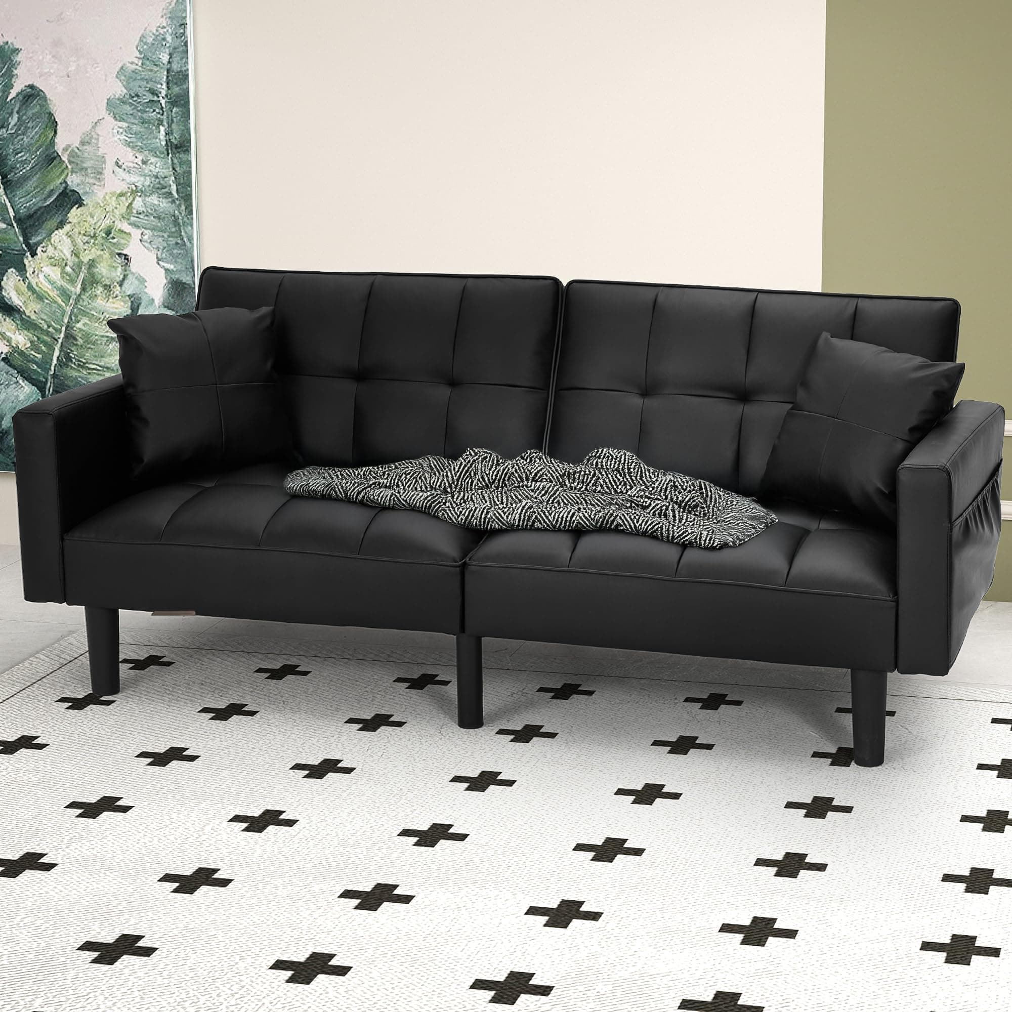 ECOTOUGE Convertible Futon Couch, Adjustable Back, Black