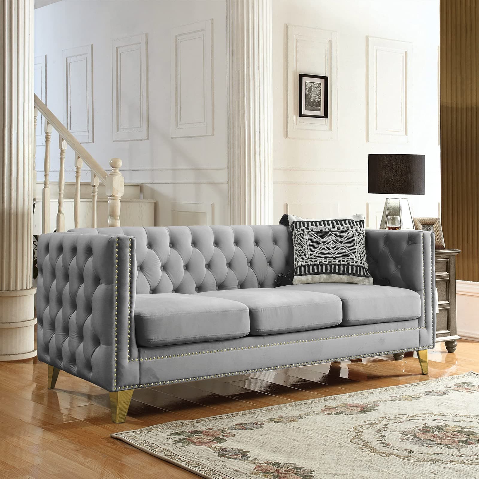 Modern 3-Seater Upholstered Couch for Living Room with Golden Metal Legs