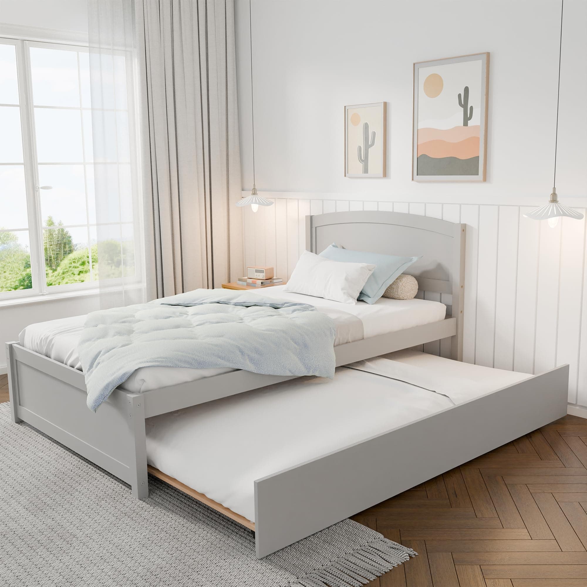 Grey Twin Pull Out Bed with Trundle and Slat Support