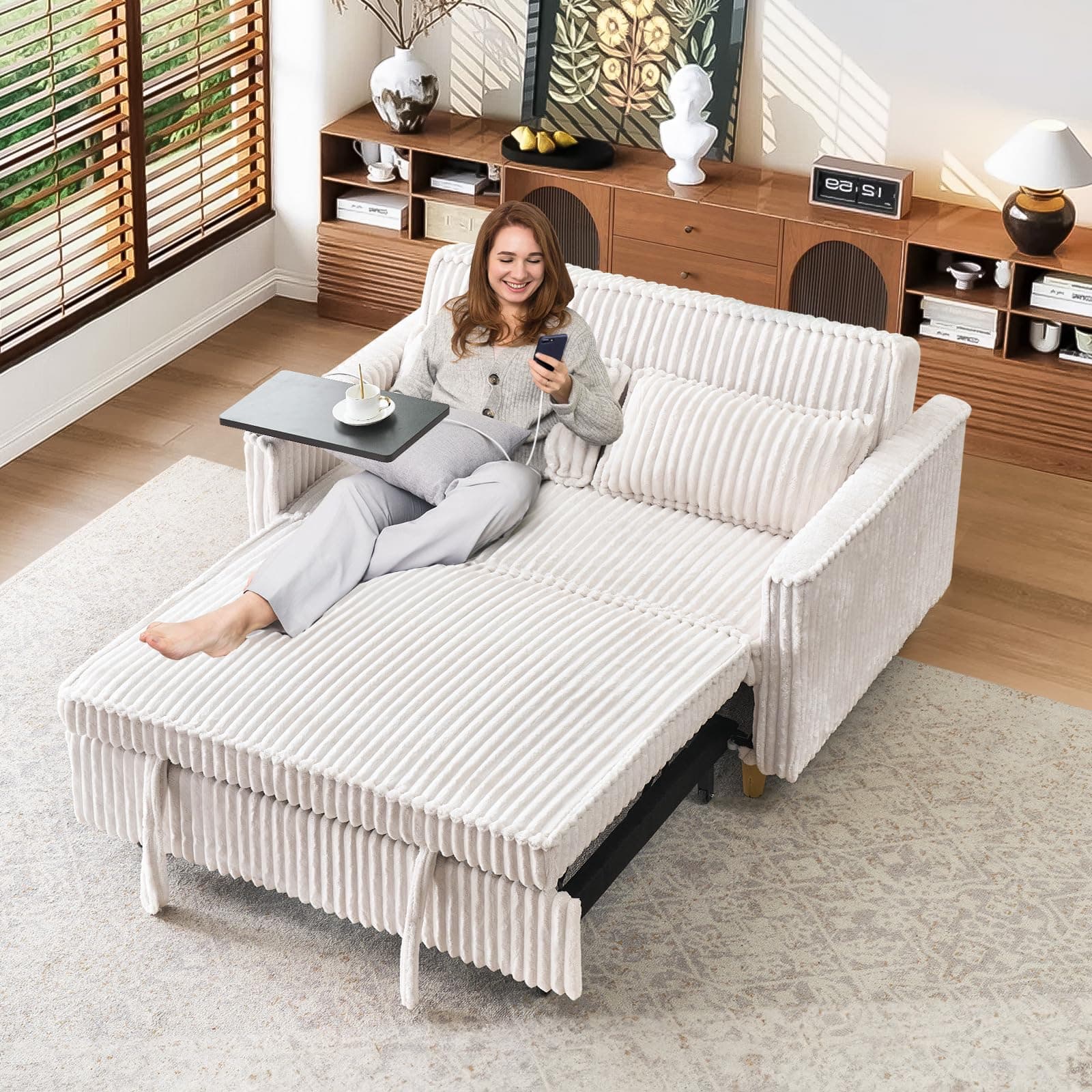 Antetek 3-in-1 Corduroy Convertible Sofa Bed, Beige Metal Frame